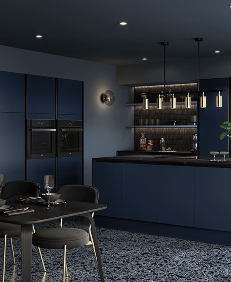 Integra Hoxton Kitchen from Magnet available in metallic midnight blue. Smooth slab doors and a painted effect finish.
