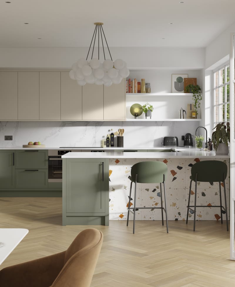 Contemporary kitchen Dunham in shades Misty Moors and Pebble Path paired with a colourful matching terrazzo decor