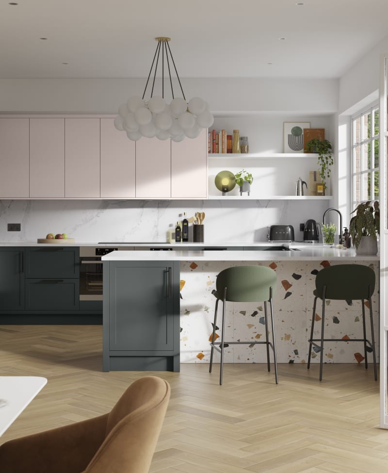 Dunham in Arboretum Green and Rose Bowl has a thin frame and smooth painted finish with no visible woodgrain, providing a contemporary feel to a traditional look.