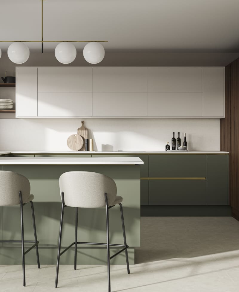 Integra Portobello tall cabinetry with integrated ovens, paired with painted handleless slab front Integra Soho cabinets in Shades Thyme and wall cabinets in shade Limestone, from Magnet.