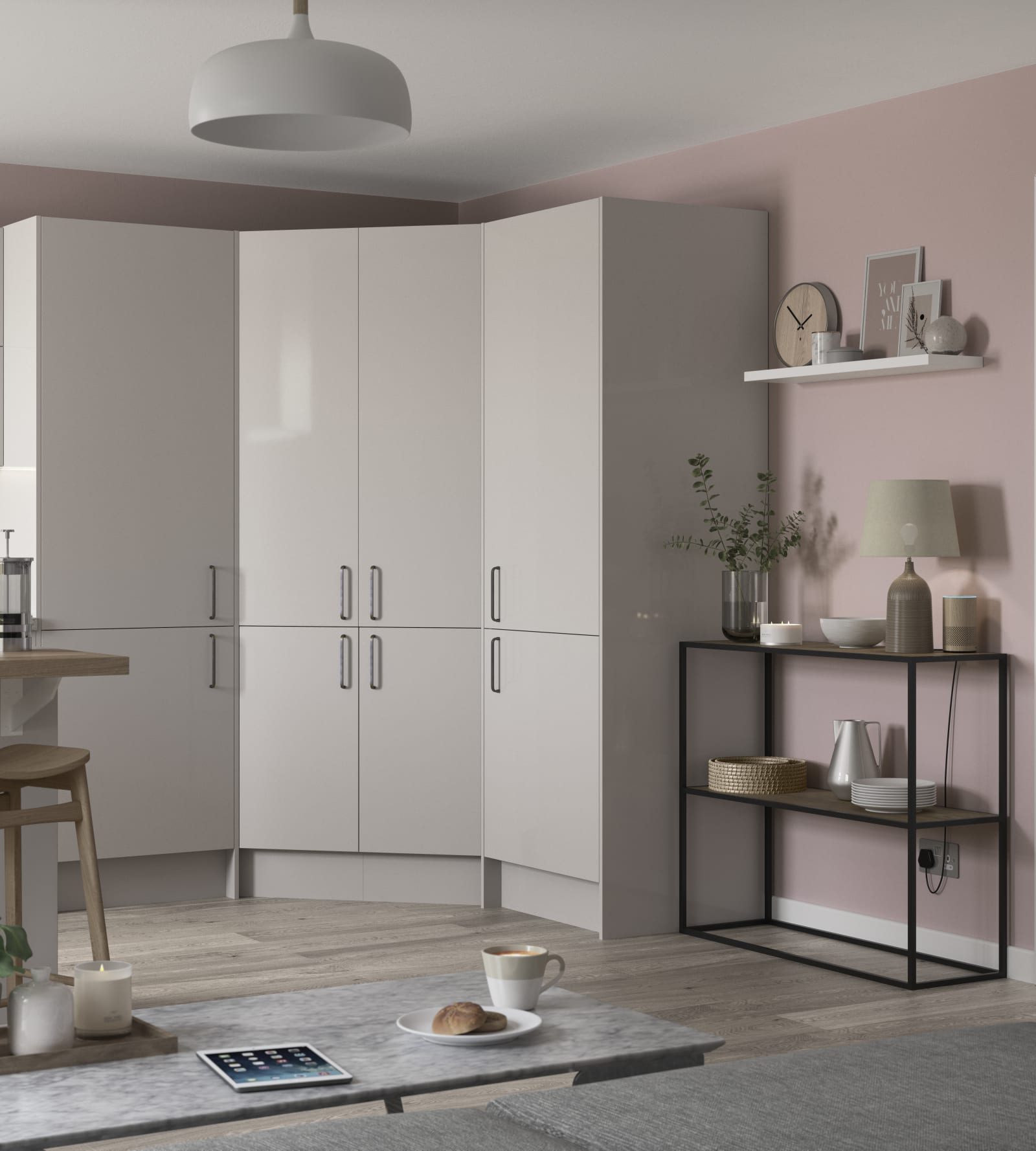 Nova by Magnet. Affordable slab door kitchen available in matt and super glass. 6 colours to choose from.