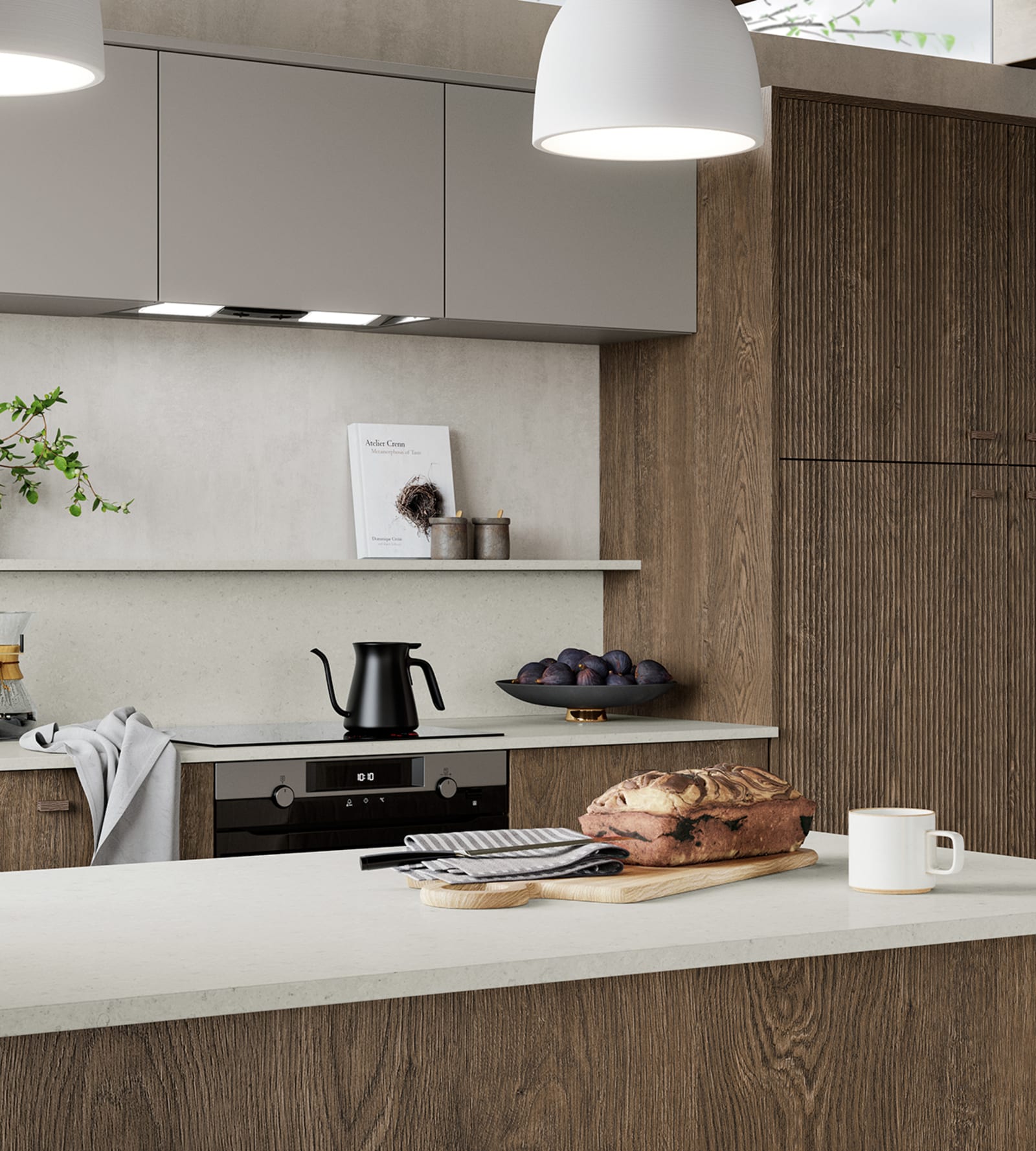 Nordic Nature. Modern wooden kitchen design with a Nordic influence. Featured floating worktops, a ribbed plinth and rounded end panels.