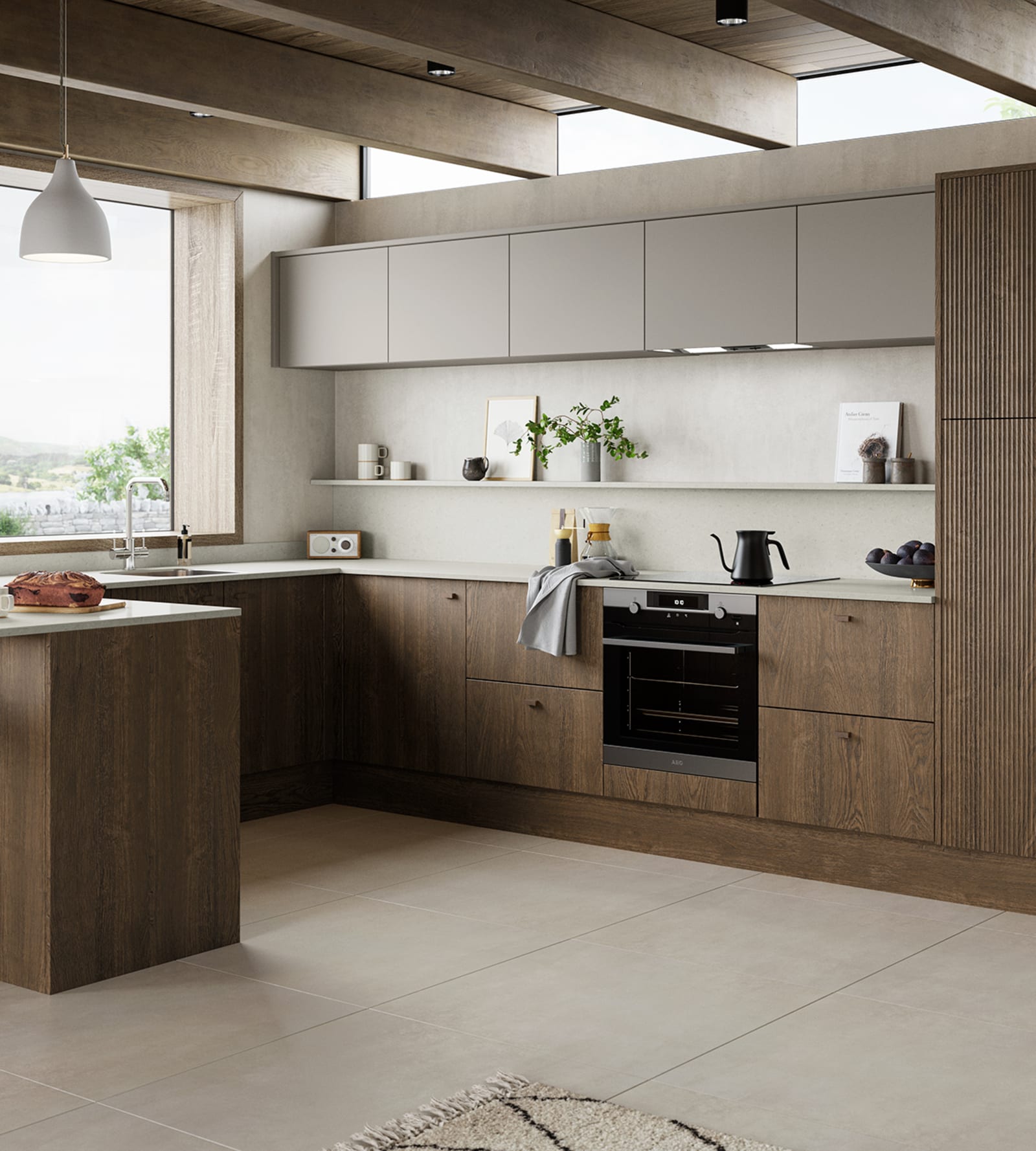 Nordic Nature. Modern wooden kitchen design with a Nordic influence. Featured floating worktops, a ribbed plinth and rounded end panels.