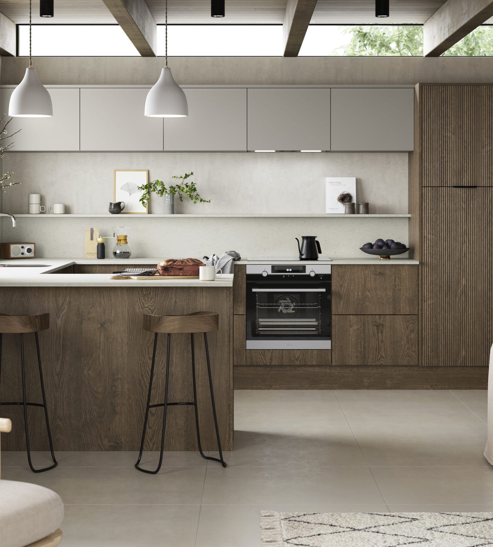 Magnet Kitchens 2021 Nordic Nature range with Fluted oak doors and Integra Hoxton Pebble cabinets with Dekton Aeri worktop. Open plan kitchen living area in Scandi style.