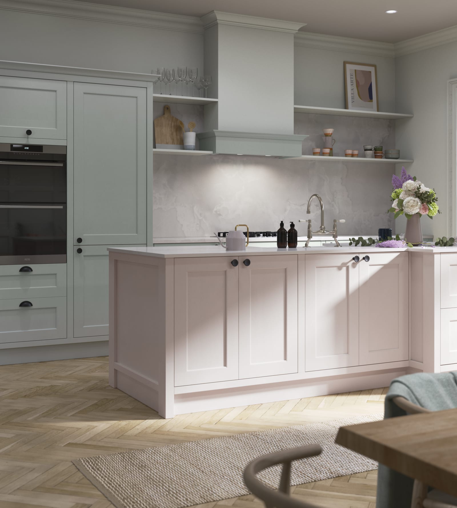 Ludlow, a traditional Shaker-style kitchen range featuring panelled doors with visible woodgrain and beading detail, in the light airy shade Seagrass.