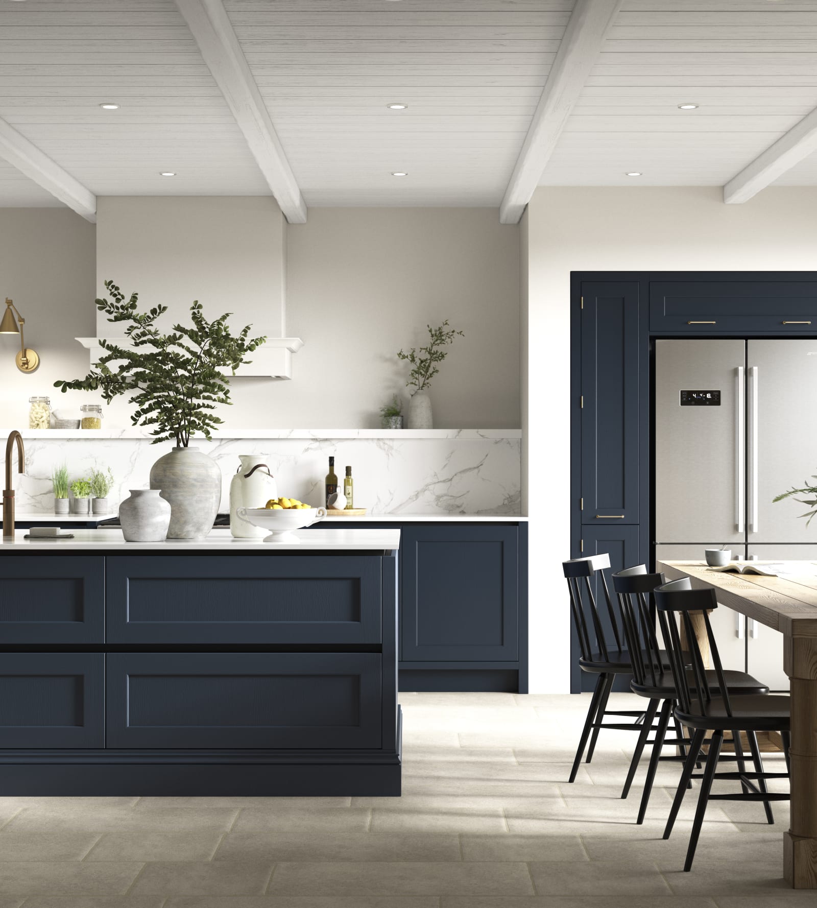 Open plan kitchen with kitchen island. Integra Ludlow is a contemporary take on a Shaker kitchen, with integrated handles.