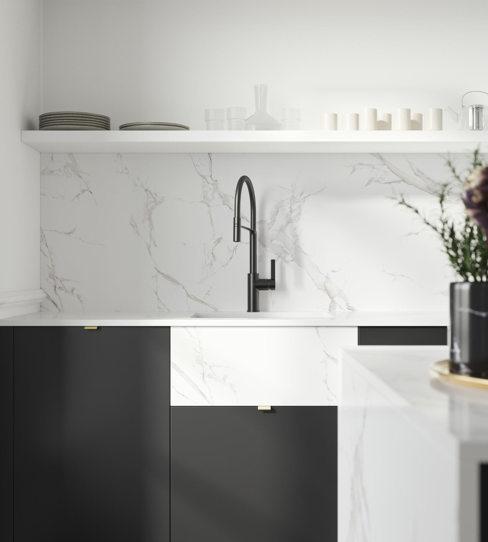Close-up of sink and black tap in Hoxton Sumi black kitchen