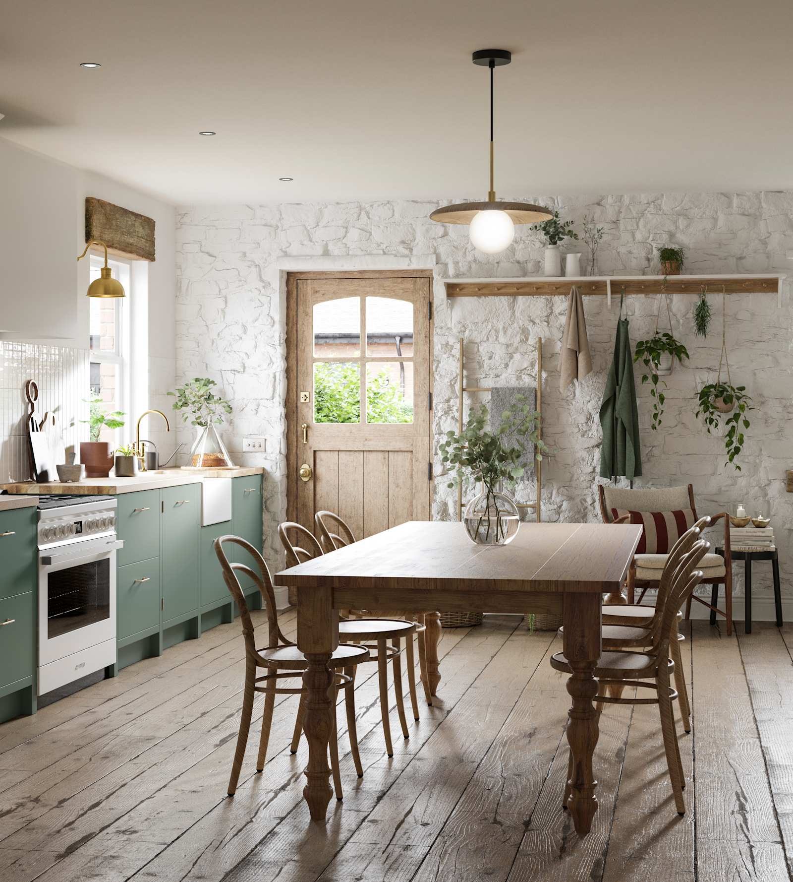 Full room view of contemporary cottage kitchen and dining room with Soho Eucaluptys and tall pantry cabinets in white.