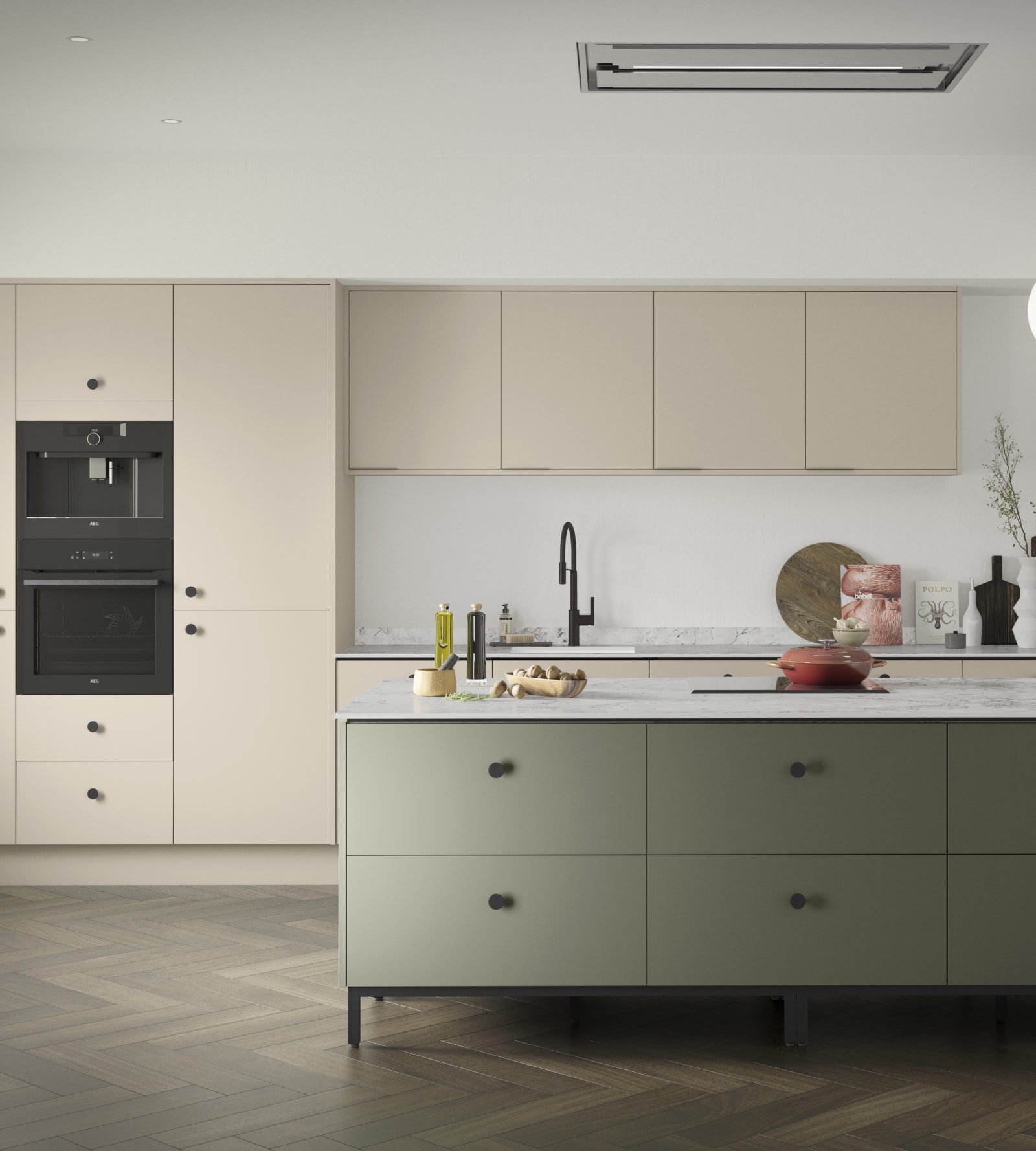 Soho Pebble path kitchen with Misty moors kitchen island, a premium painted slab door from Magnet.