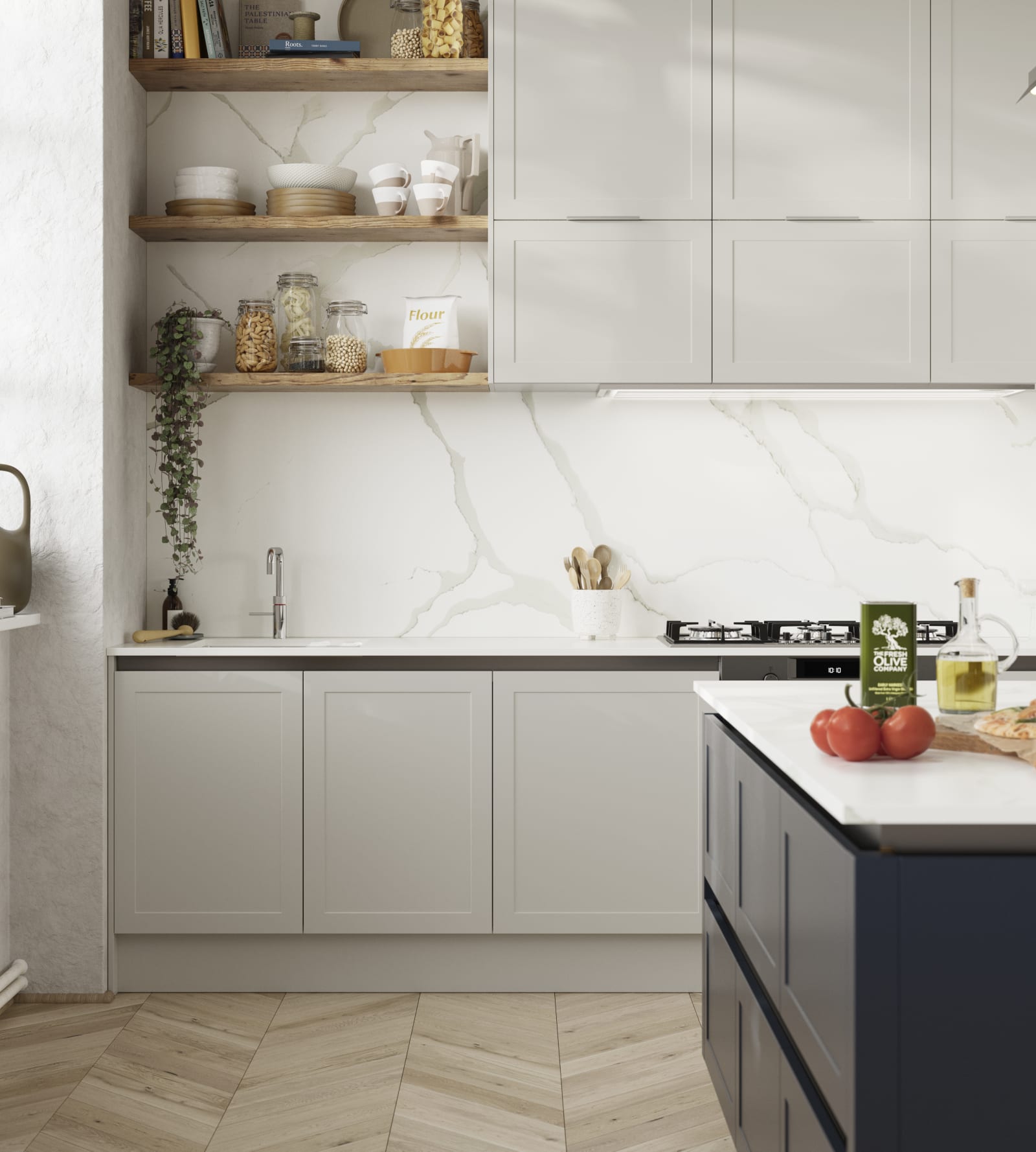 Integra Dunham from Magnet is a handleless shaker frontal, here shown in shades Dove grey and Midnight.