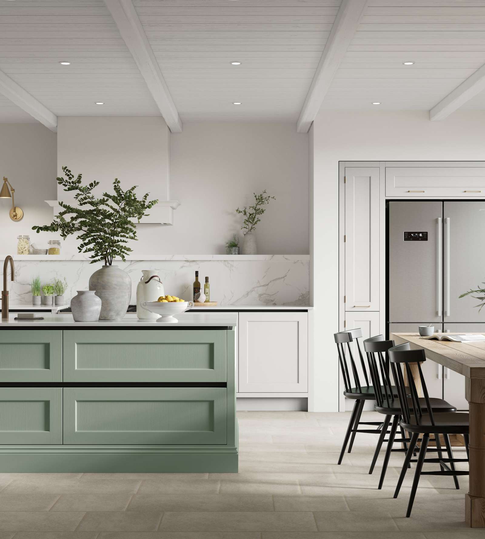 Integra Ludlow in shades Eucalyptus and Fresh Linen, a contemporary take on a Shaker kitchen, where the premium frontal features panelled doors with integrated handles.