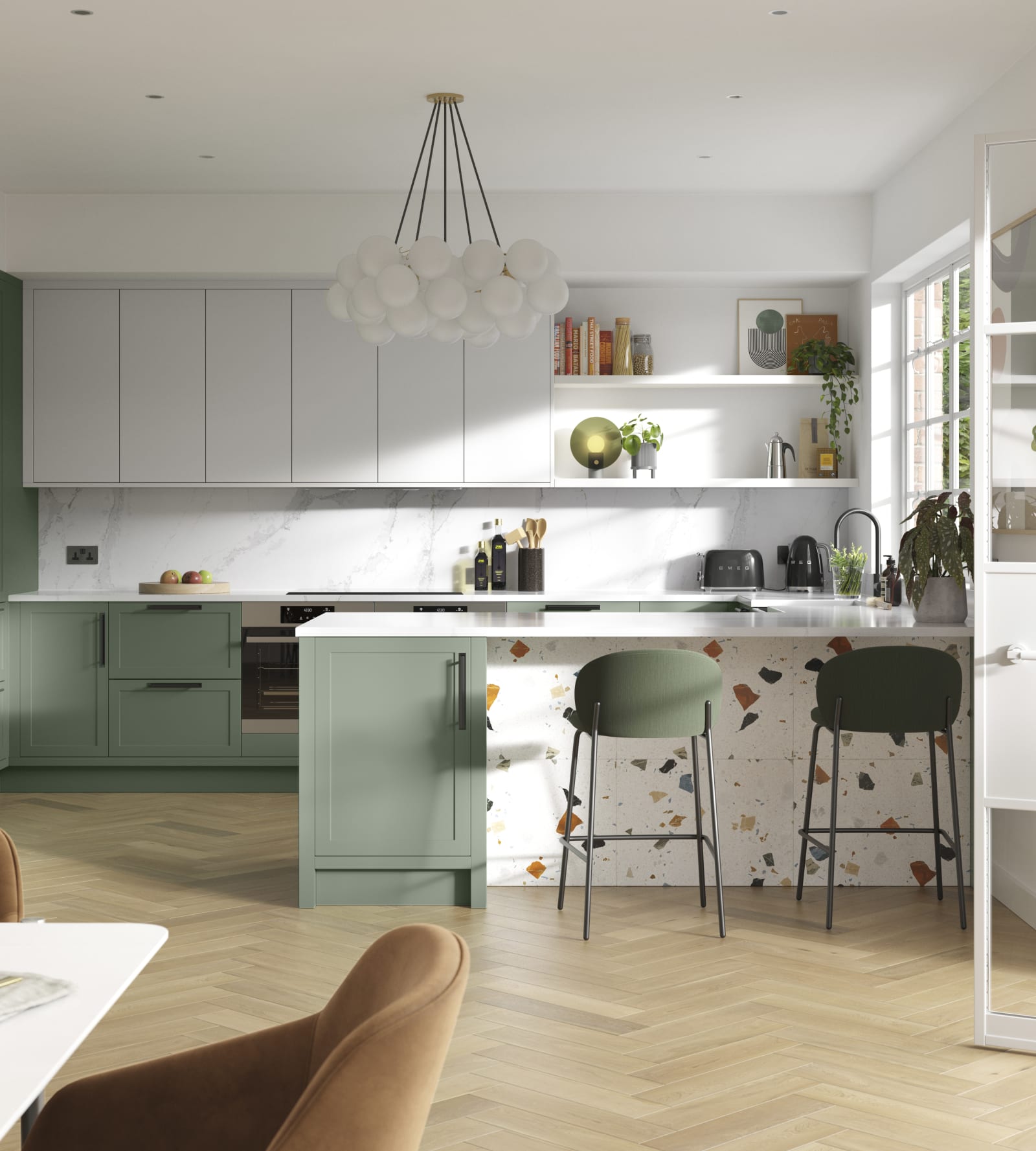 Dunham in Eucalyptus Green and Fresh Linen has a thin frame and smooth painted finish with no visible woodgrain, providing a contemporary feel to a traditional look.