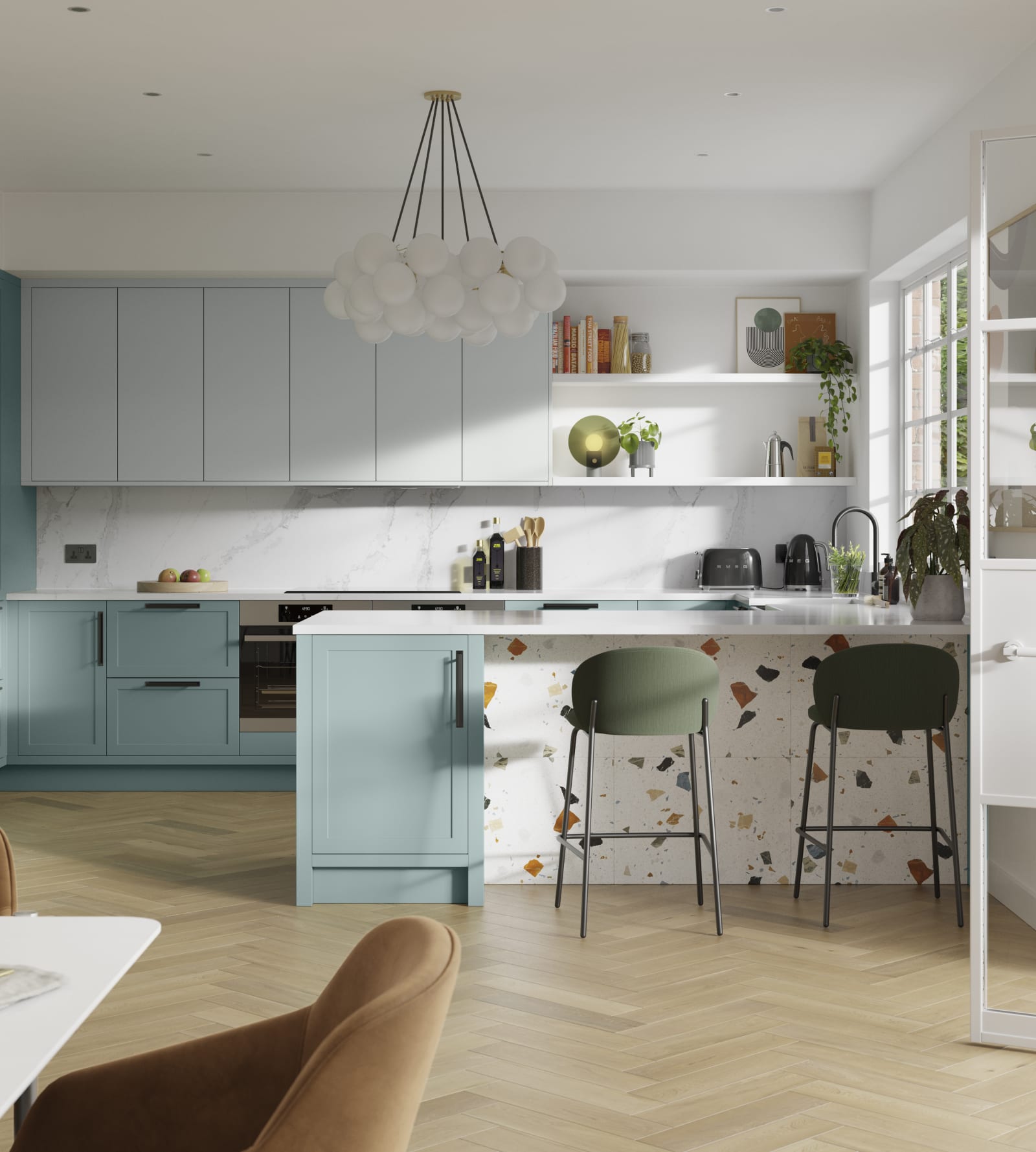 Dunham in Morris Blue and Washed Cotton with its thin frame and smooth painted finish with no visible woodgrain, provide a contemporary feel to a traditional look.