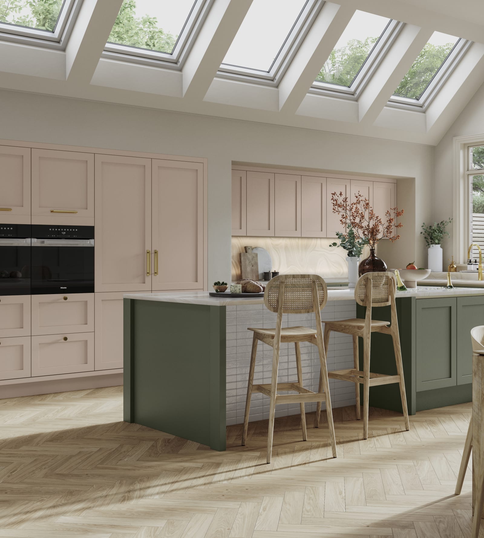 Integra Wardley in shades Rose Bowl and Misty Moors in an elegant, contemporary Shaker kitchen.