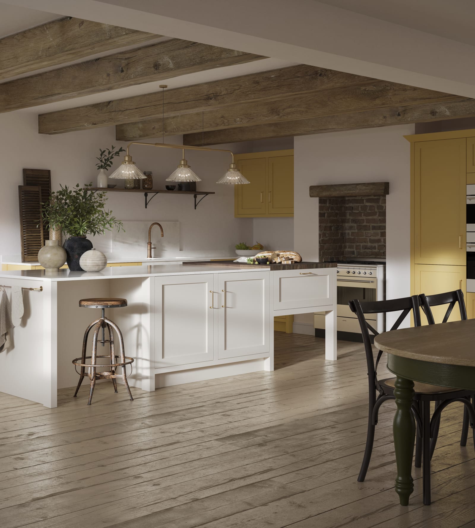 Alt text: Open floorplan shaker kitchen in the bright and beautiful yellow shade Harvest, paired with a kitchen island with matching frame door cabinets in the shade Limestone.