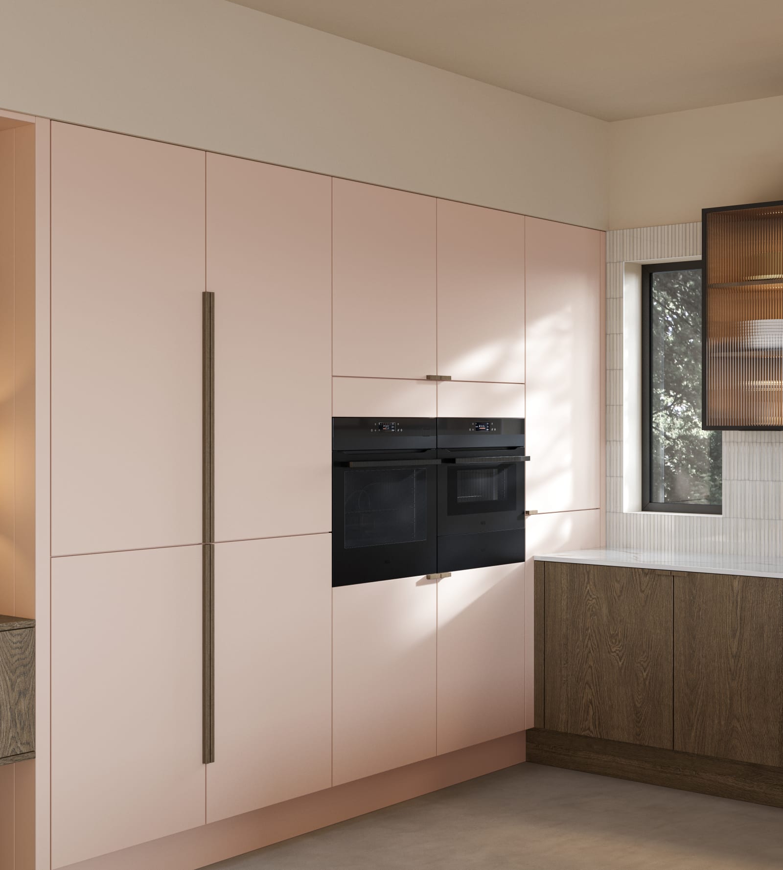 Soho cabinets in shade Chalk Blush, matched with fluted glass display cabinets and oak front cabinetry in Nordic Nature.