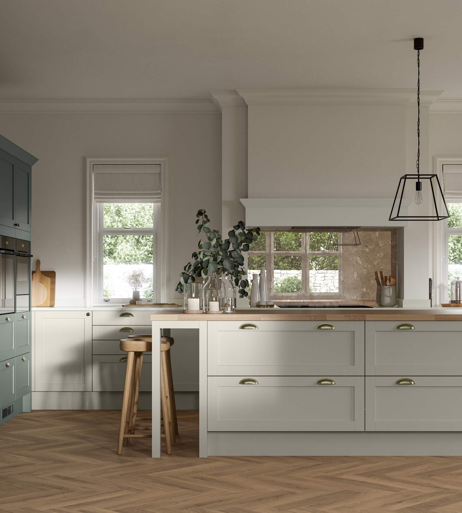 Ambleside kitchen range shown in a home kitchen with blue Shaker cabinets and wood floors.