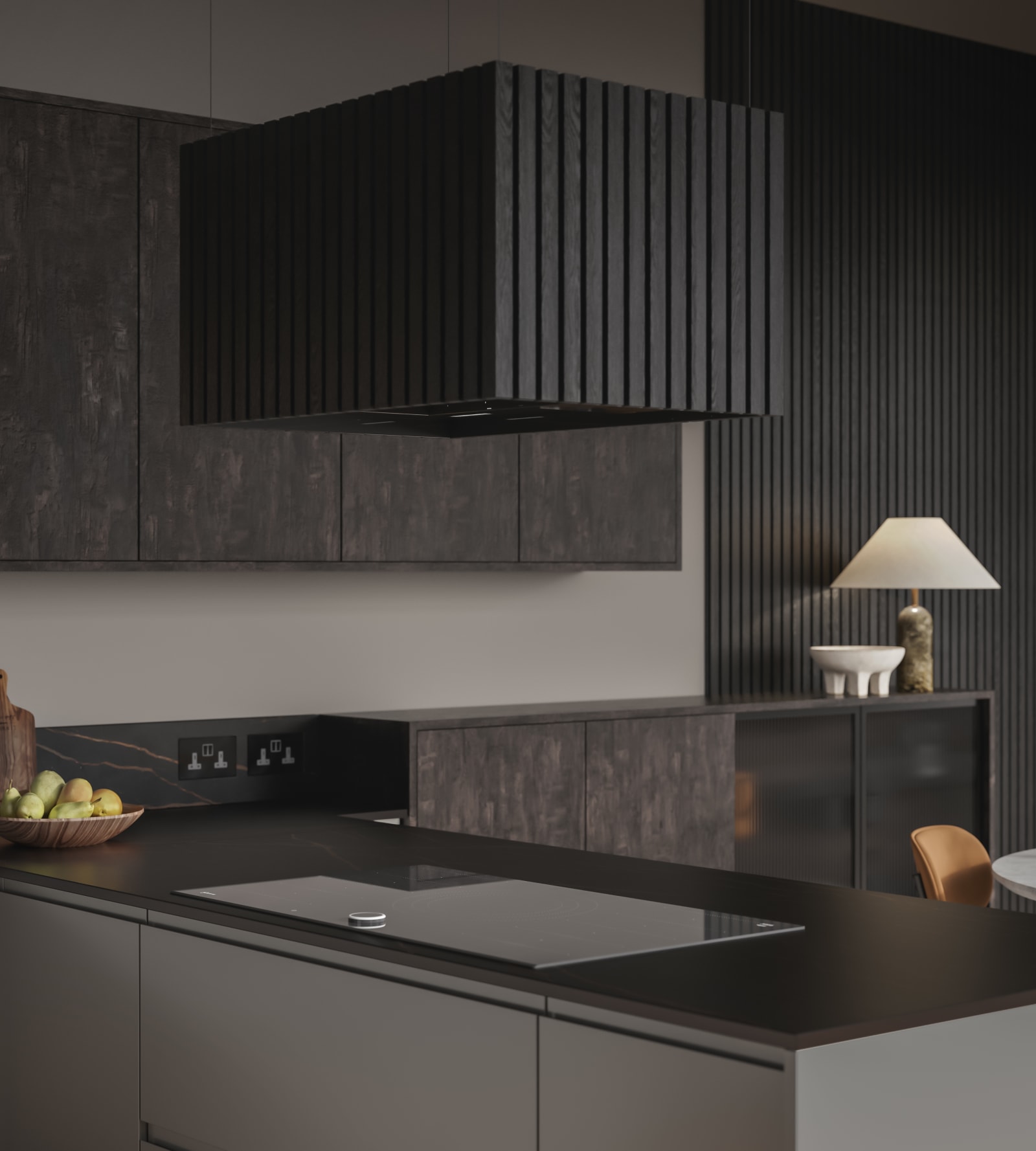 Contemporary clean lines and organic woodgrain texture combined with display cabinets with fluted glass doors.