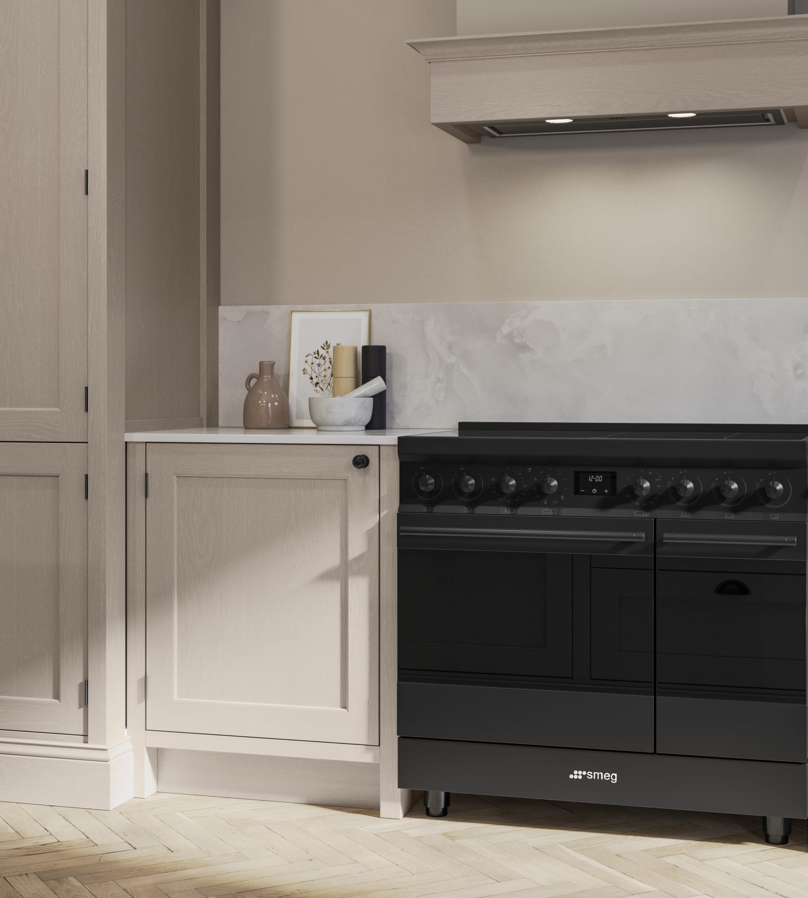 Traditional Shaker-style kitchen range Ludlow with tactile woodgrain in neutral shade Shell .