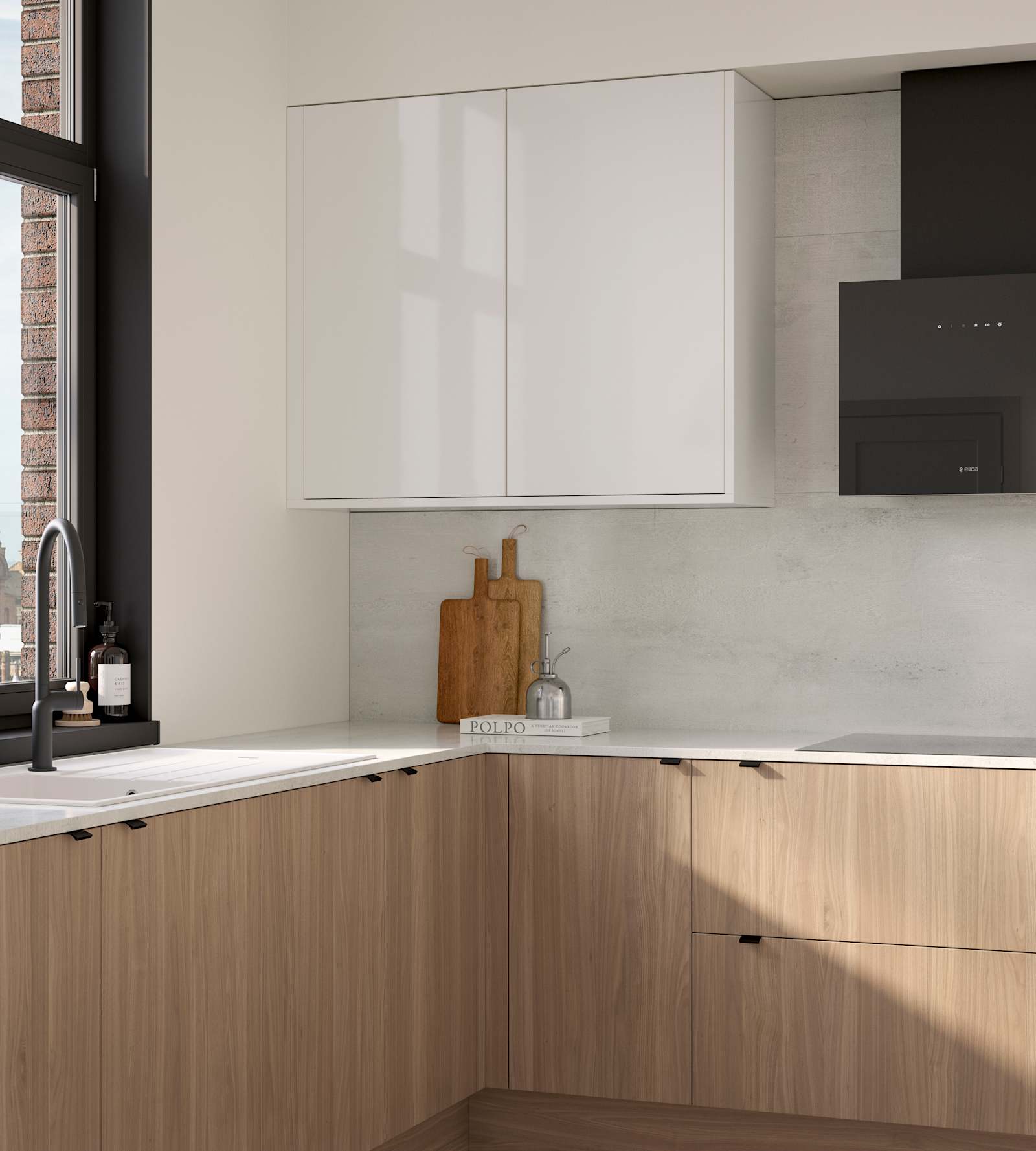 Ascoli kitchen from Magnet with Natural Oak cabinetry, a white worktop, Ascoli Gloss white wall cabinets over countertop paired with matching black handles, tap, hood and window frame over white sink.
