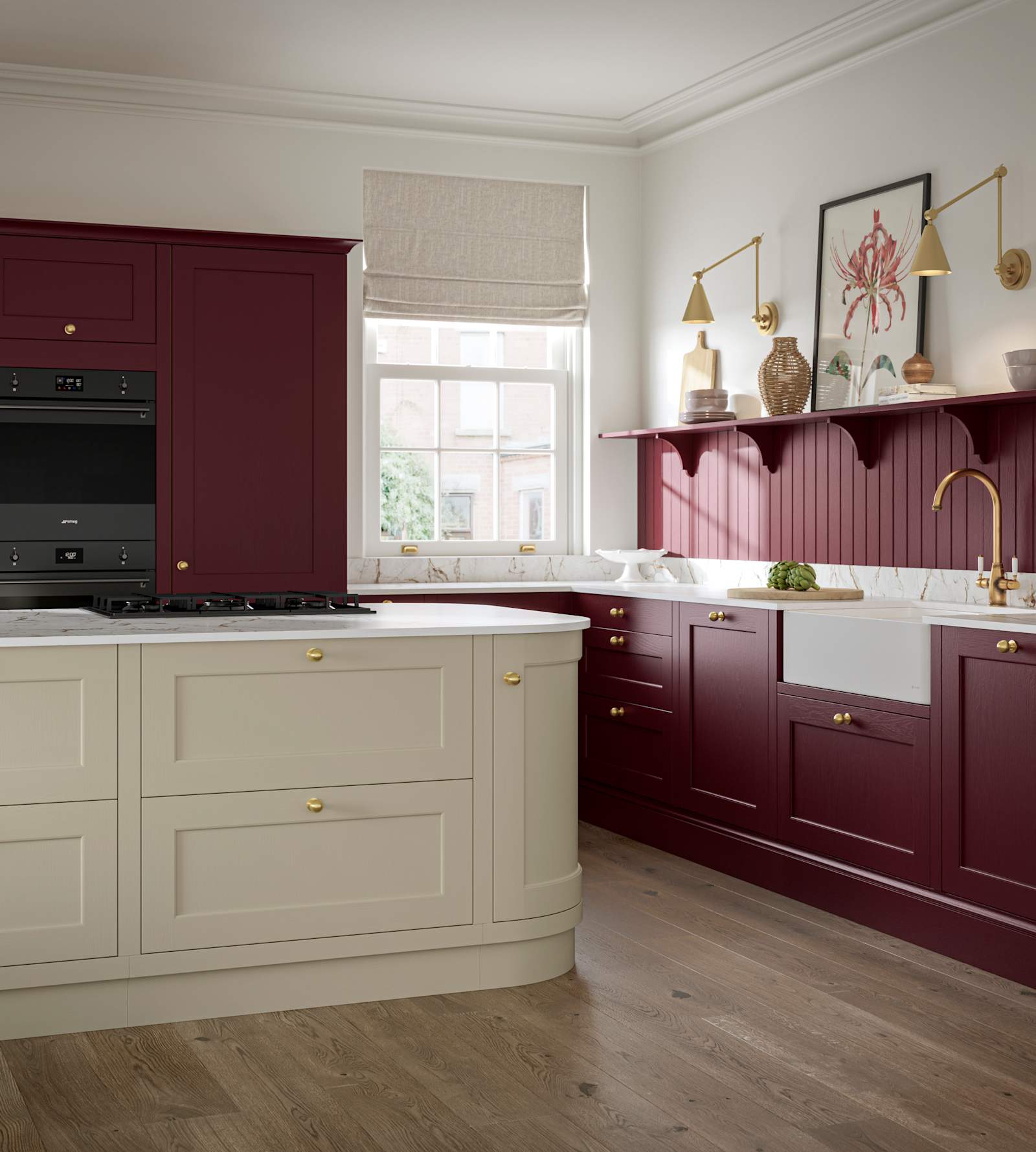 Traditional Shaker-style tactile woodgrain Ludlow kitchen in bold shade Morello with matching wall panel and shelves, brass accents such as knobs and brass tap, a white ceramic sink, Ludlow parchment kitchen island and dusty oak vinyl flooring.