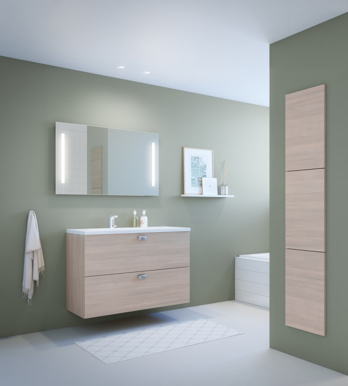 Baderomsmodell med slette fronter med liggende trestruktur.