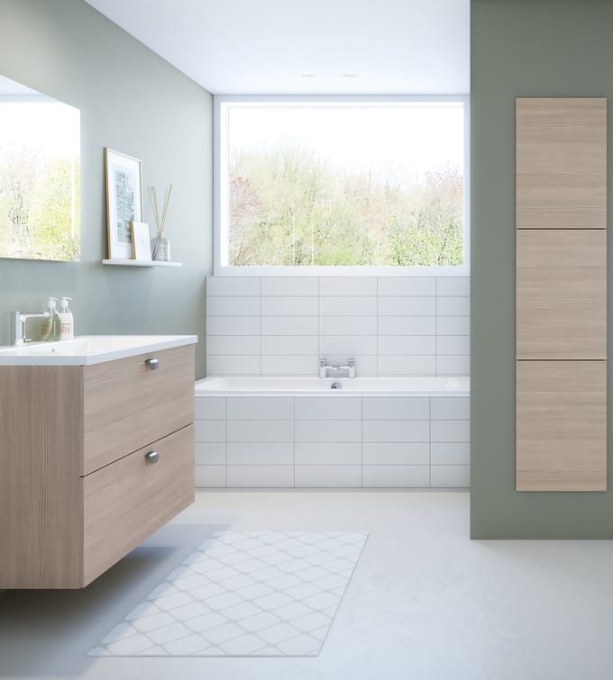 Baderomsmodell med slette fronter med liggende trestruktur.