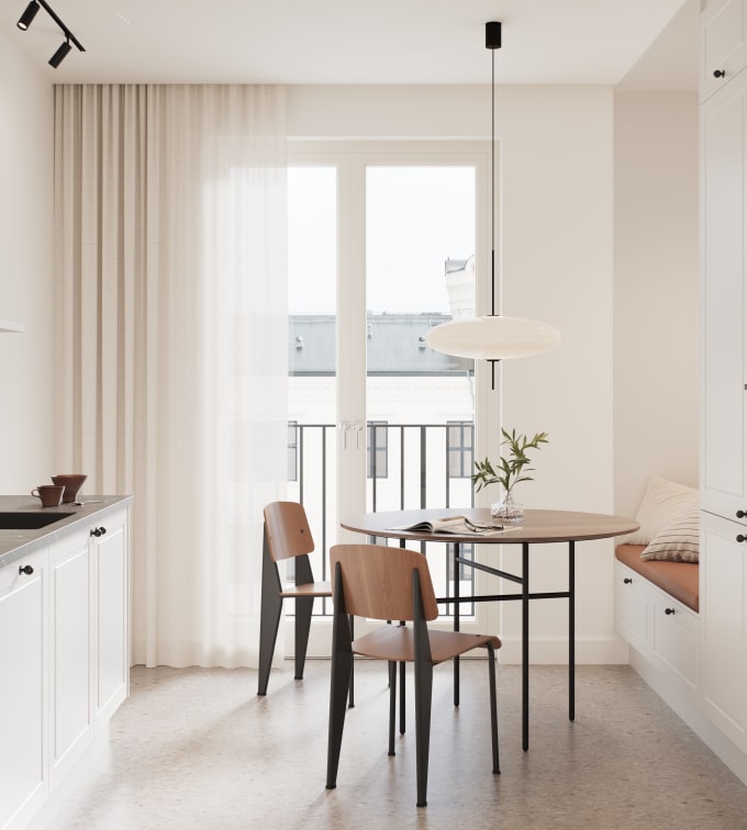 Hvit tidløs og modern kjøkken med freste speildører som ger kjøkkenet klassiske detaljer uten å bli rustikt, sorte knotter, sort kran og sort vask.