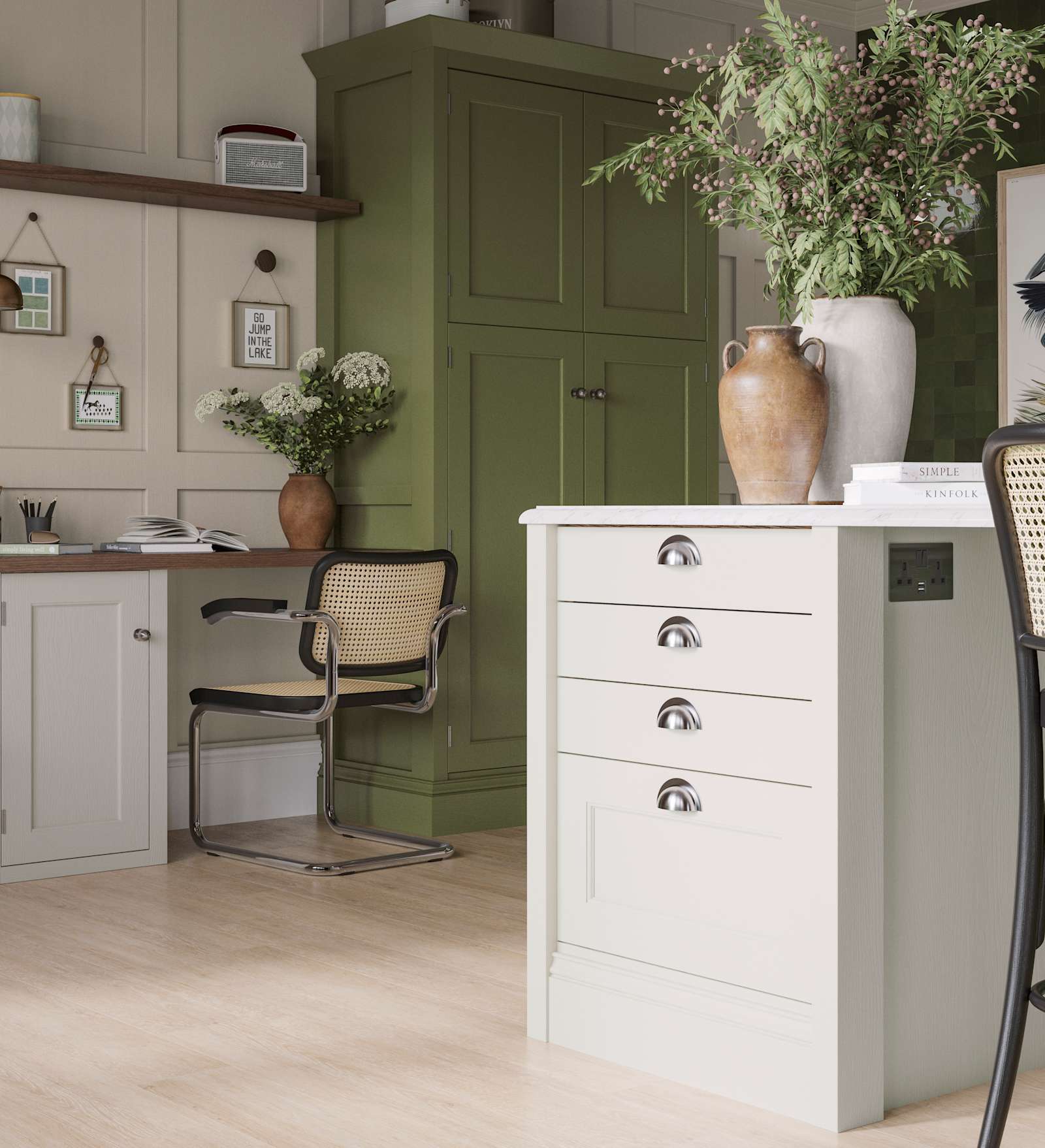 traditional Shaker-style kitchen range featuring panelled doors with visible woodgrain and beading detail