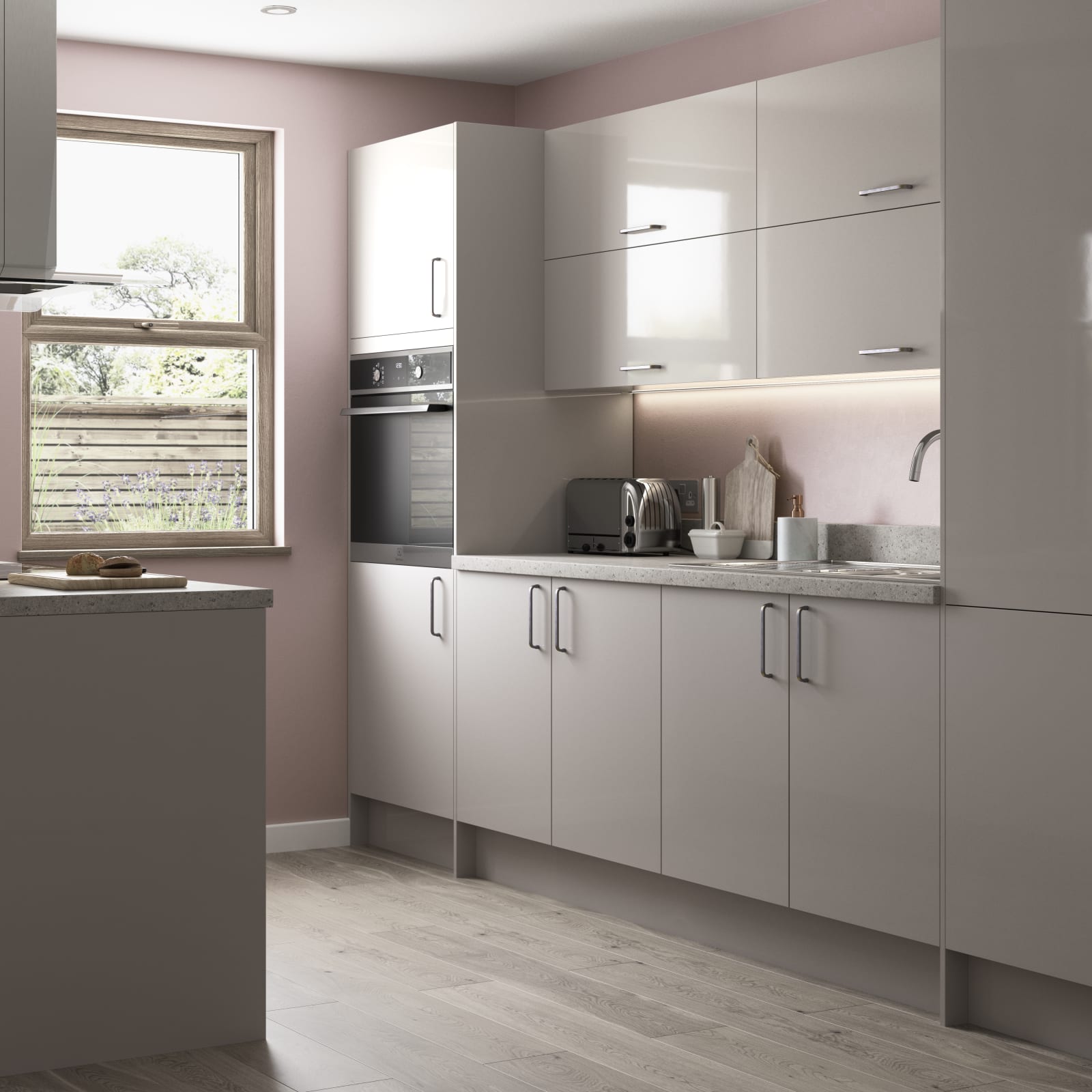 Nova by Magnet. Affordable slab door kitchen available in matt and super glass. 6 colours to choose from.