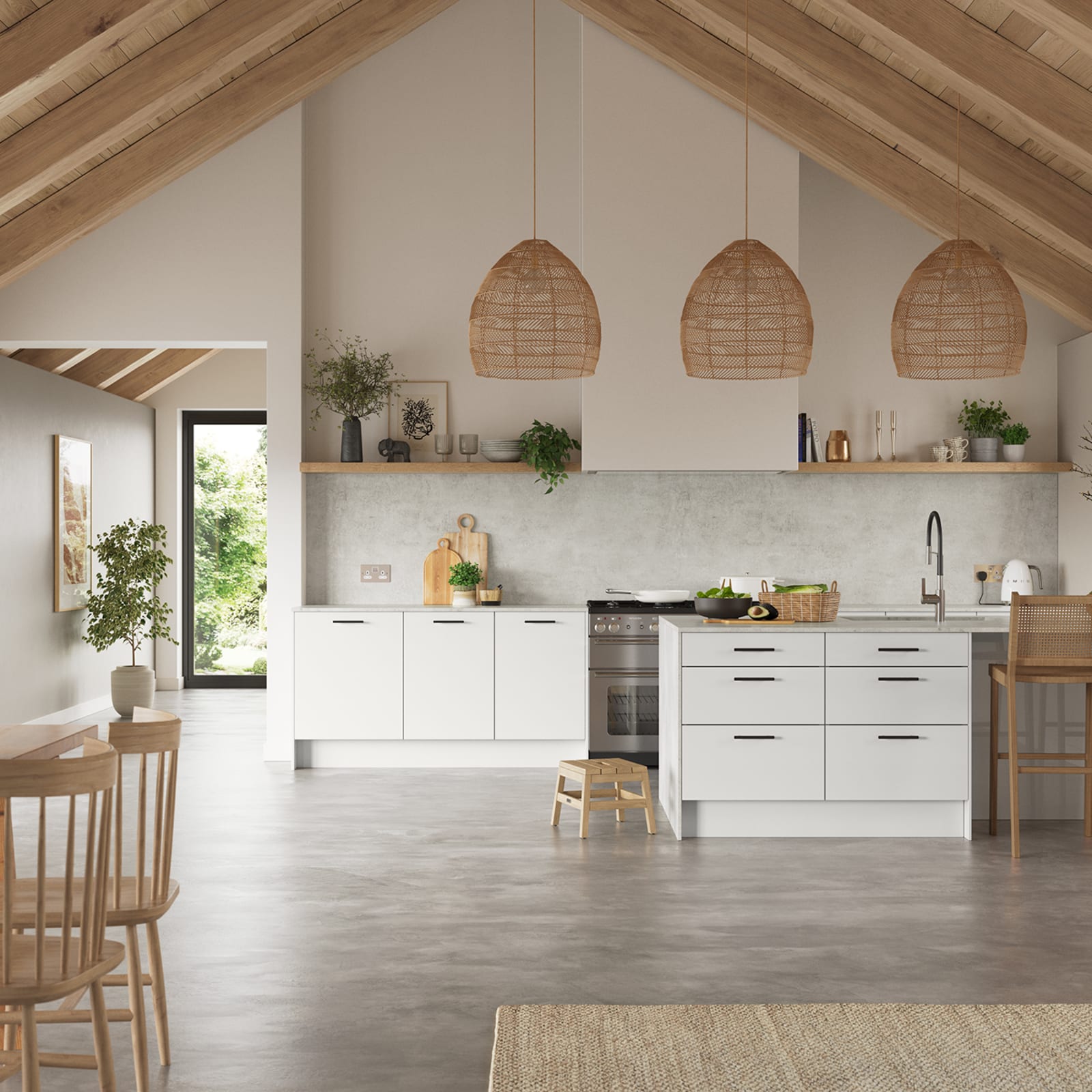 Hoxton kitchen. Smooth slab doors in a painted effect finish. Minimalist styling with your choice of handles and three colours.