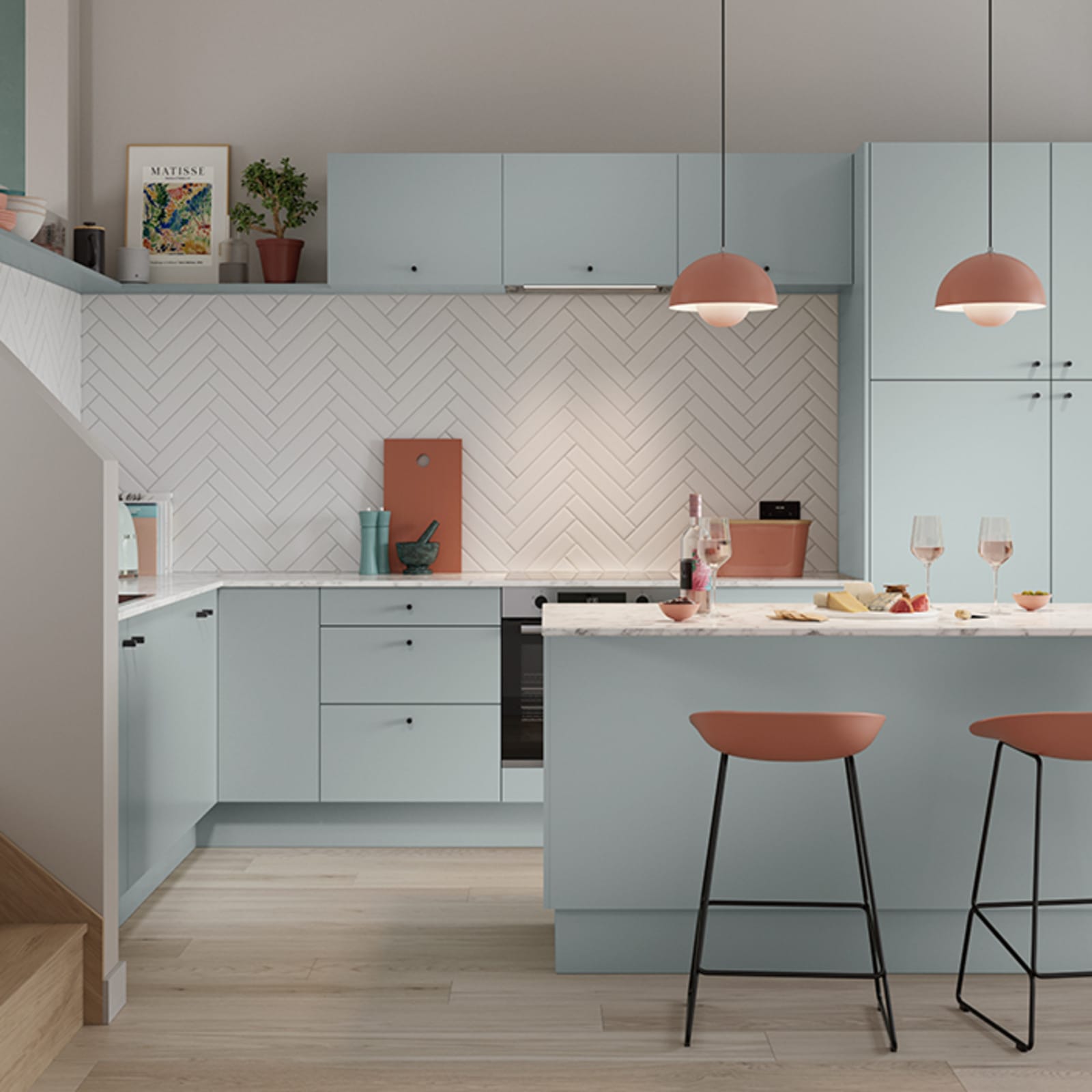 Nova by Magnet. Affordable slab door kitchen available in matt and super glass. 6 colours to choose from.