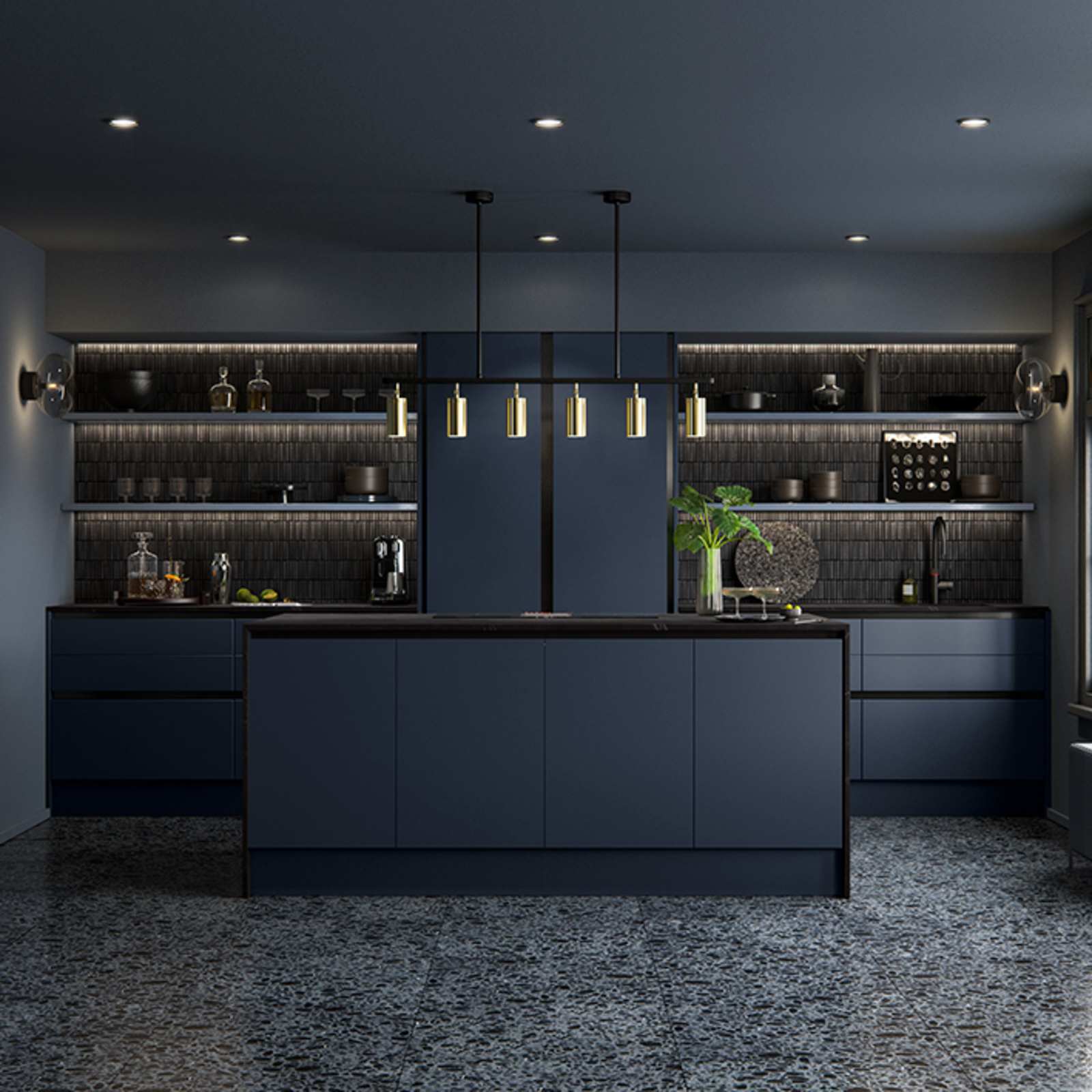 Integra Hoxton Kitchen from Magnet available in metallic midnight blue. Smooth slab doors and a painted effect finish.