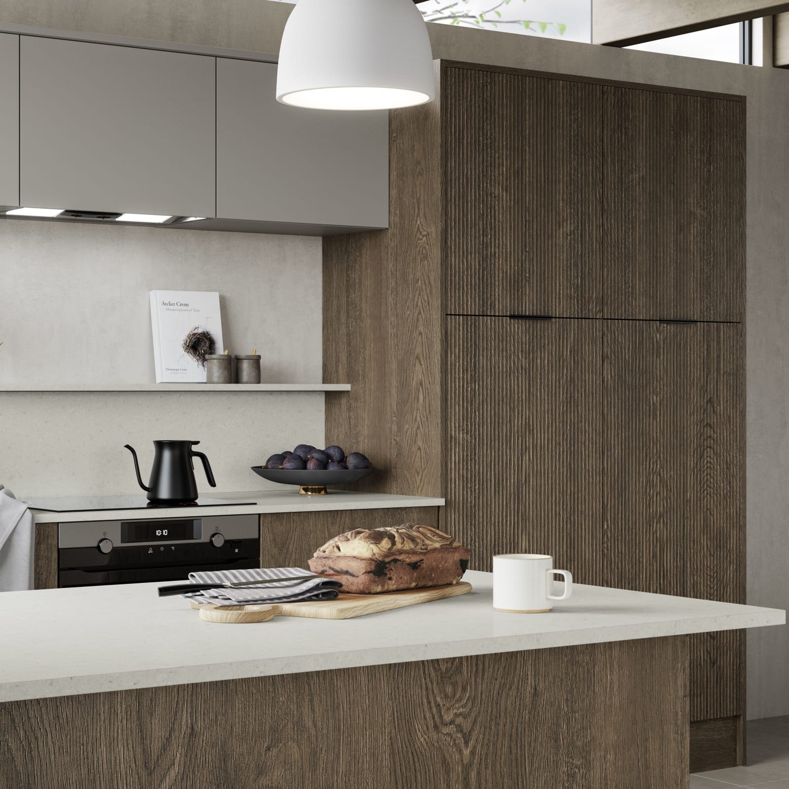 Magnet Kitchens 2021 Nordic Nature range with Fluted oak doors and Integra Hoxton Pebble cabinets with Dekton Aeri worktop