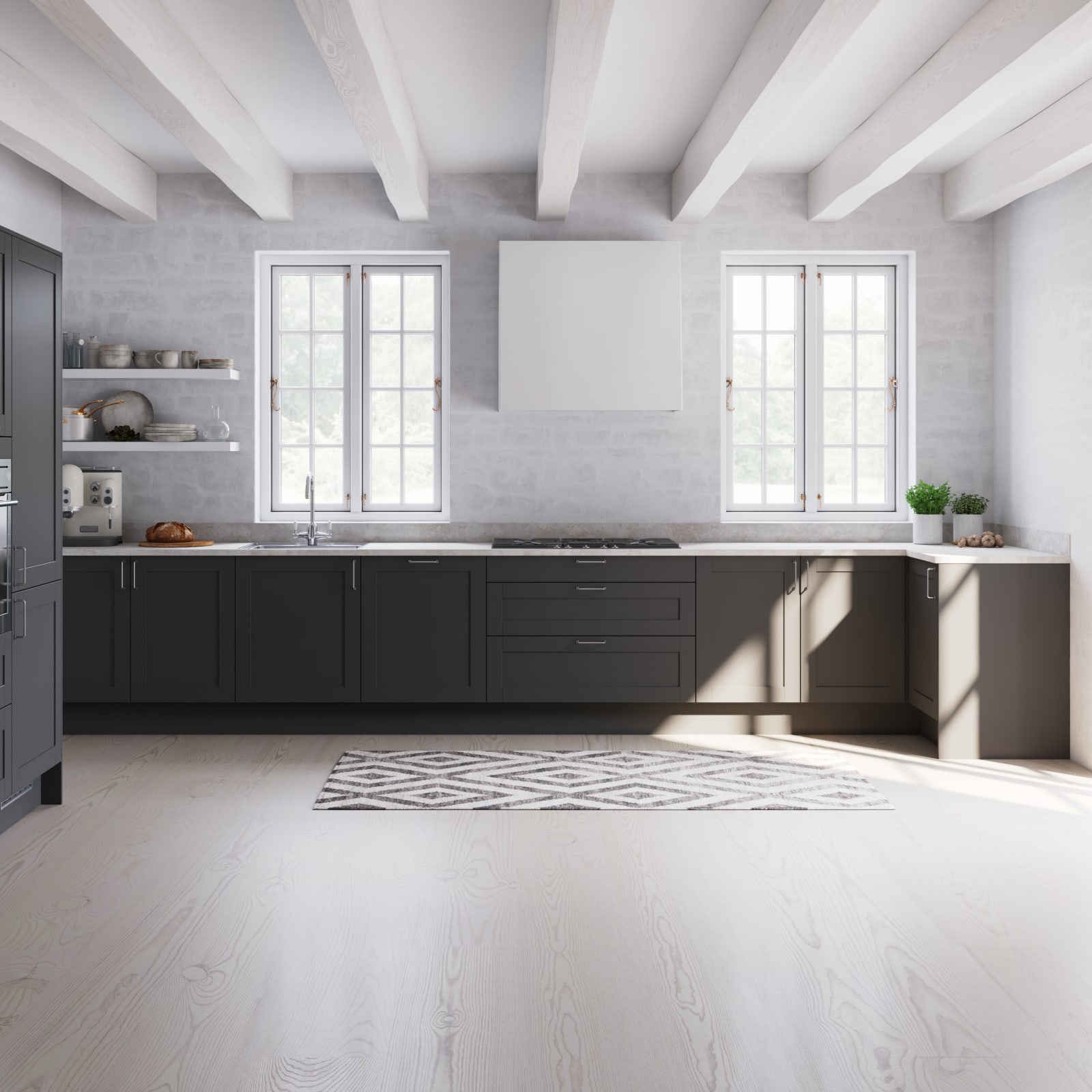 Norema Format mørk grå S7500N klassisk kjøkken grått kjøkken kjøkken med hyller på vegg