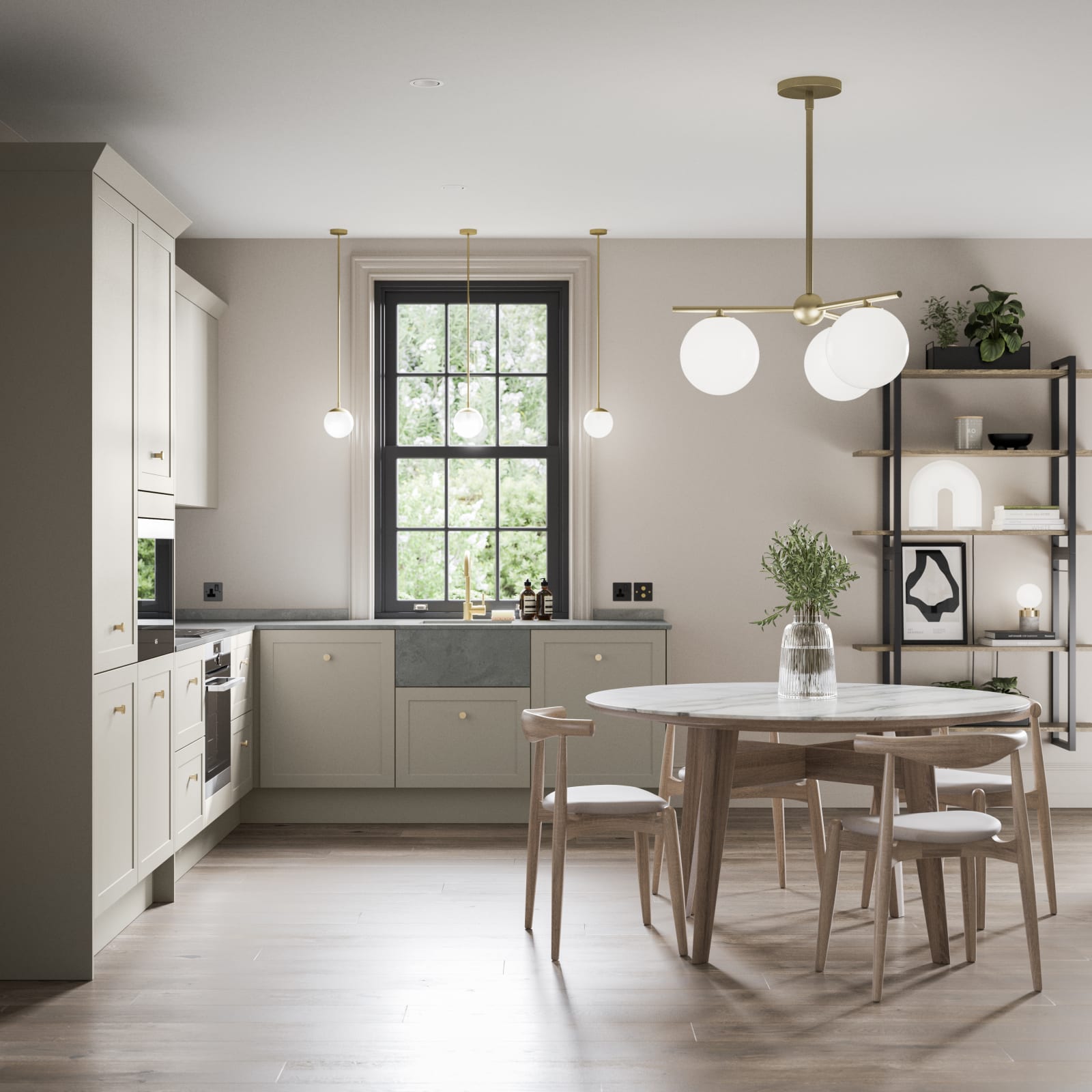 Light and nature tones open plan Dunham Pebble Path kitchen with dining table in light wood.