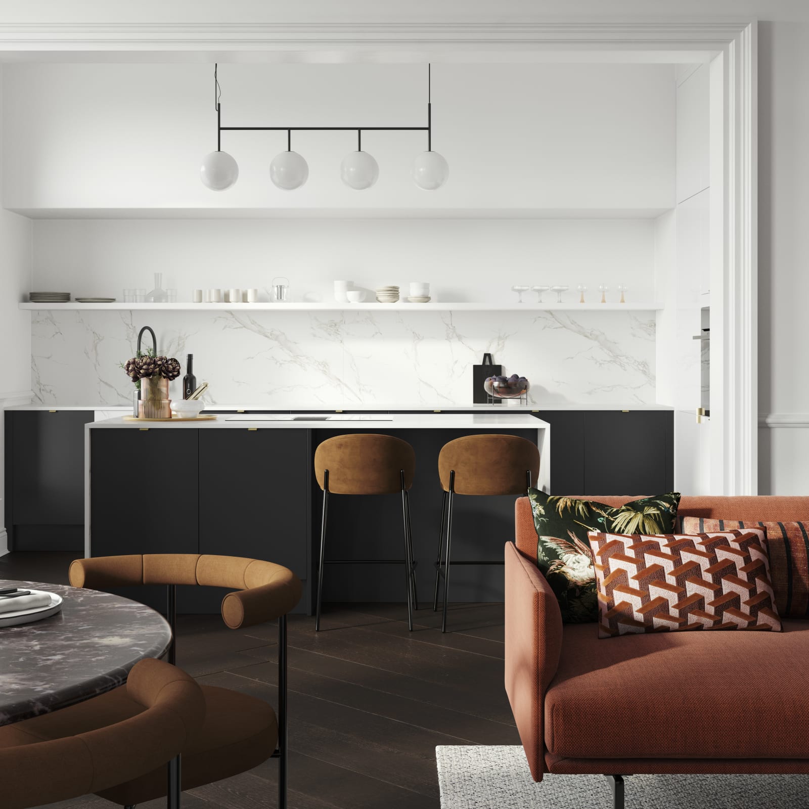 Minimal maximalism with Magnet's Hoxton kitchen in Sumi Black, combined with white marbled worktop and splashbacks and colourful interiors.