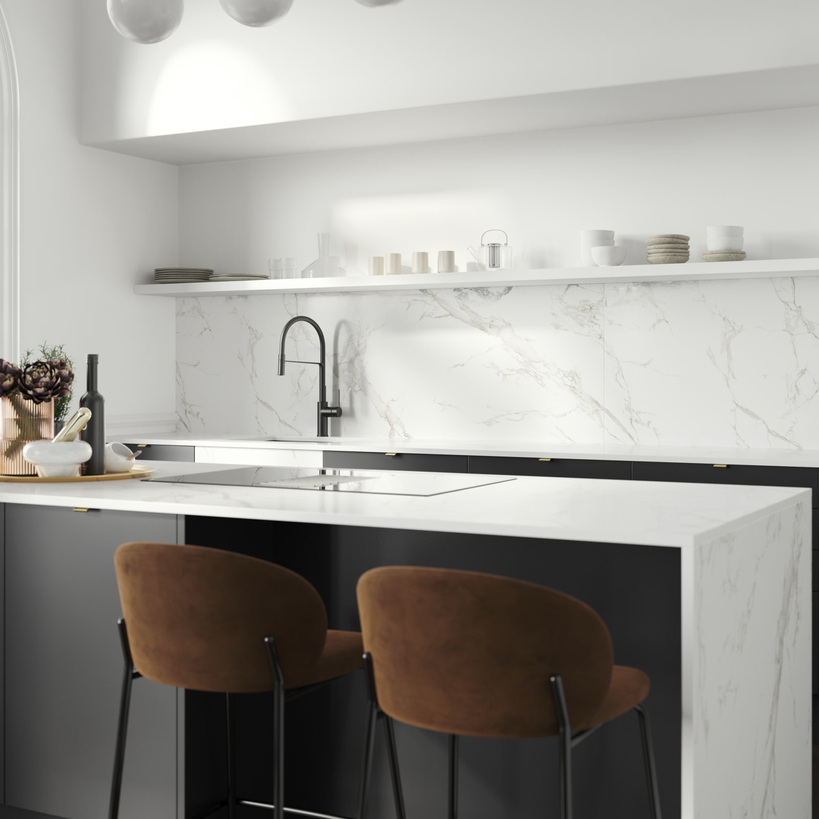 Bar stools at kitchen island, covered with marbled decor side in Magnet's minimal maximalism Hoxton kitchen in Sumi Black.