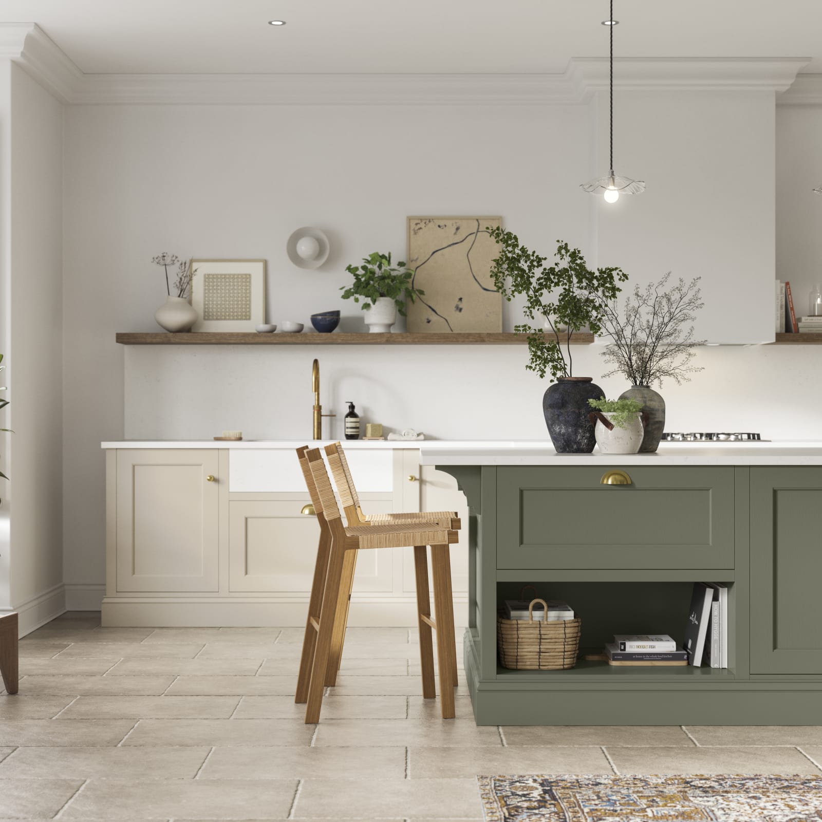 Traditional Shaker-style kitchen range in light shade Pebble path with a green Misty Moors kitchen island.