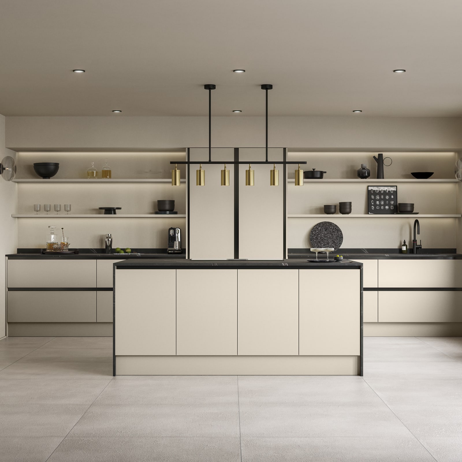 Open plan Integra Hoxton Pebble path kitchen with kitchen island, with black accent details and black worktop, tap and whitegoods.