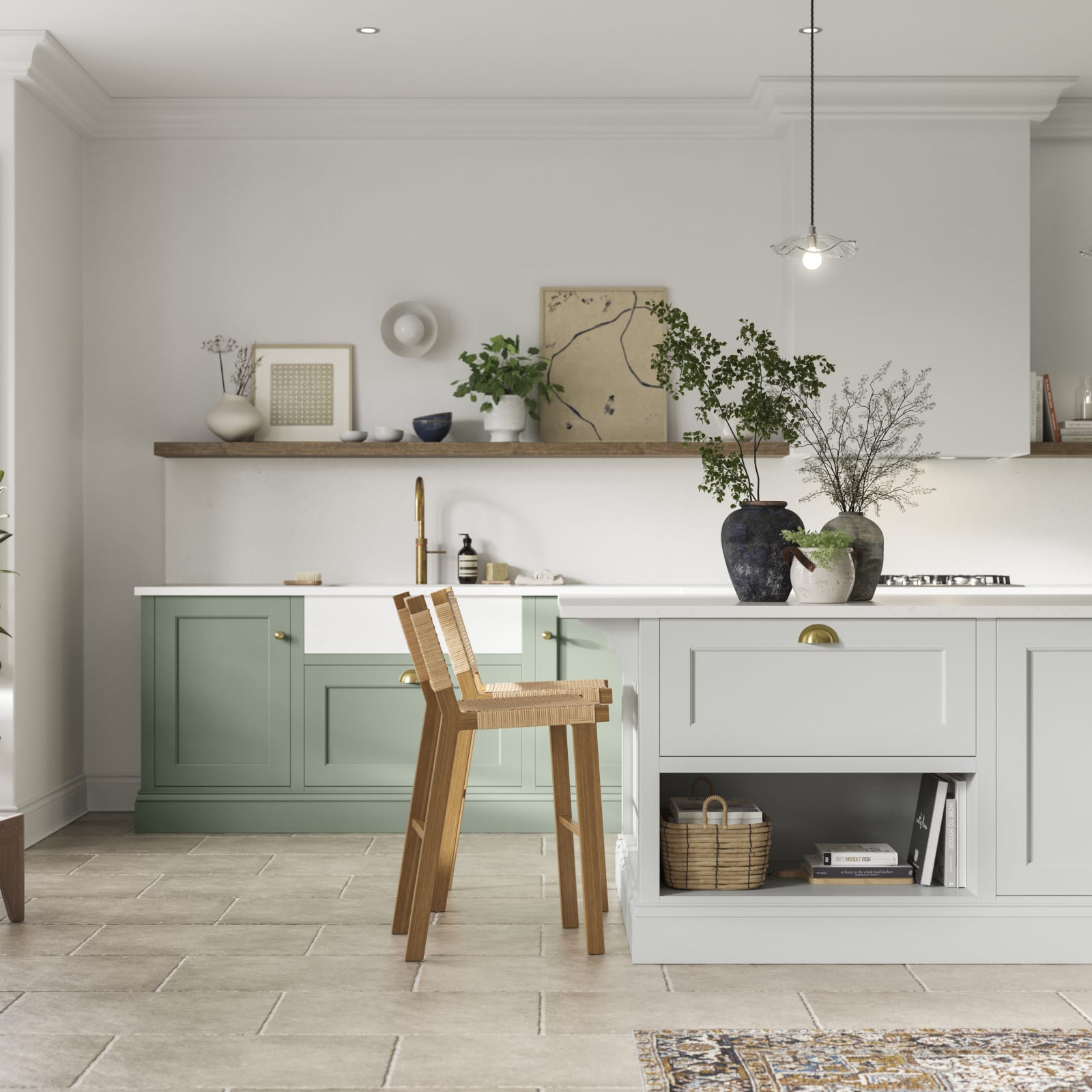 Traditional Shaker-style kitchen range in Eucalyptus Green with a light grey Fresh Linen shade kitchen island.