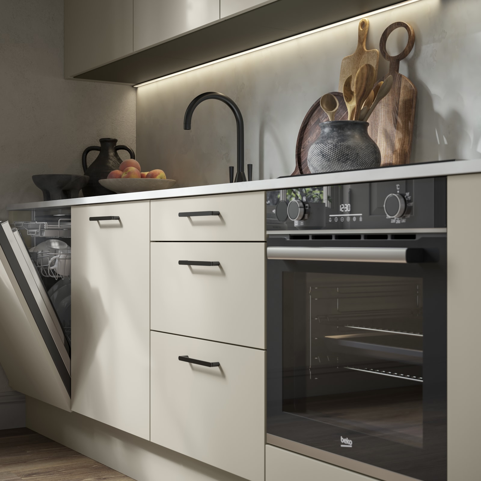 Modern kitchen design with a lightweight wood-effect finish