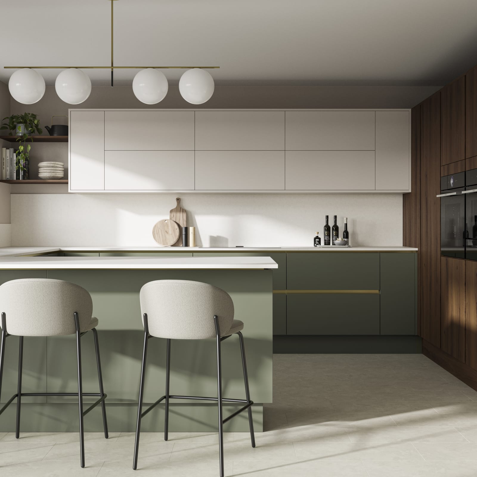 Integra Portobello tall cabinetry with integrated ovens, paired with painted handleless slab front Integra Soho cabinets in Shades Thyme and wall cabinets in shade Limestone, from Magnet.