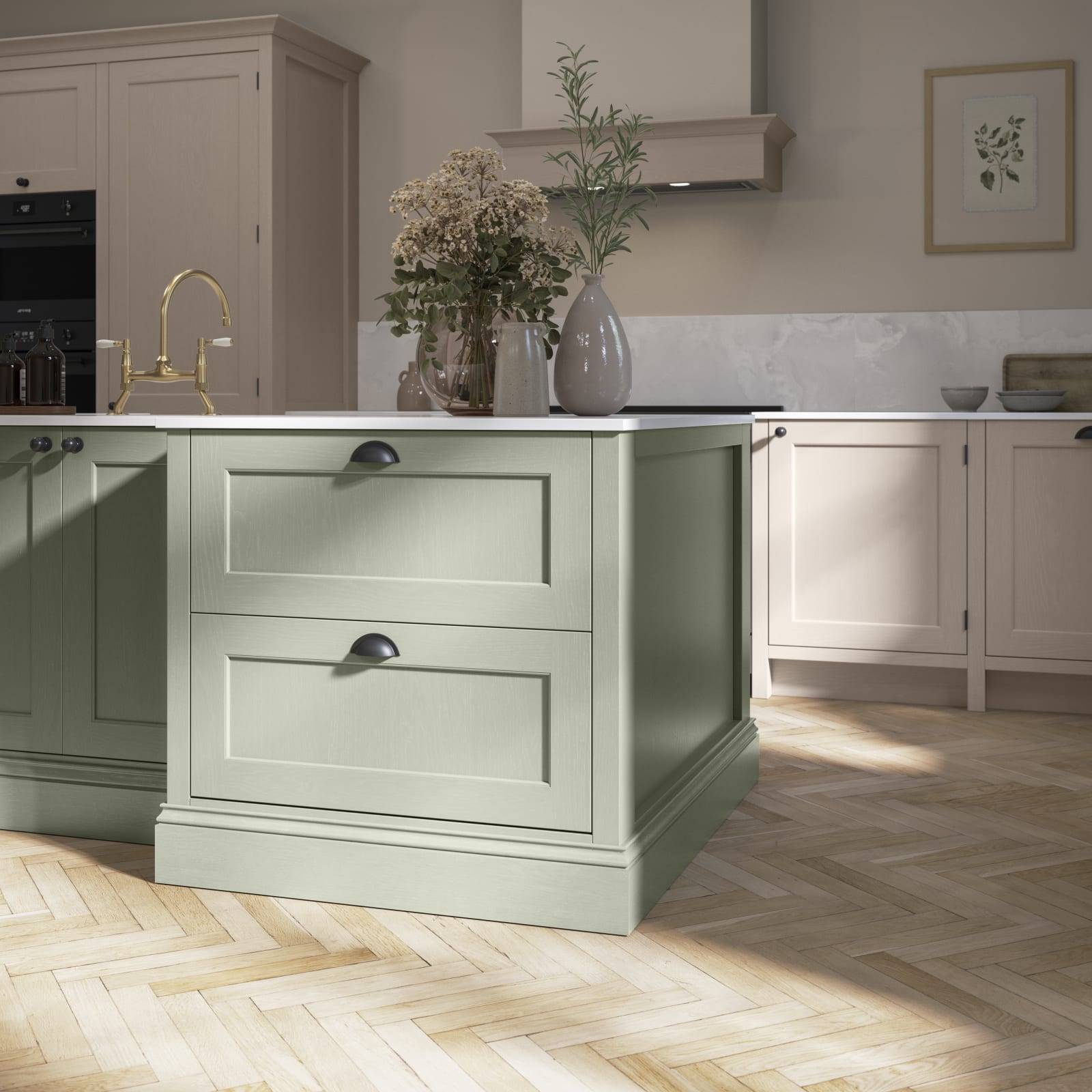 Traditional Shaker-style kitchen range Ludlow with tactile woodgrain in neutral shade Shell with a green Thyme kitchen island.