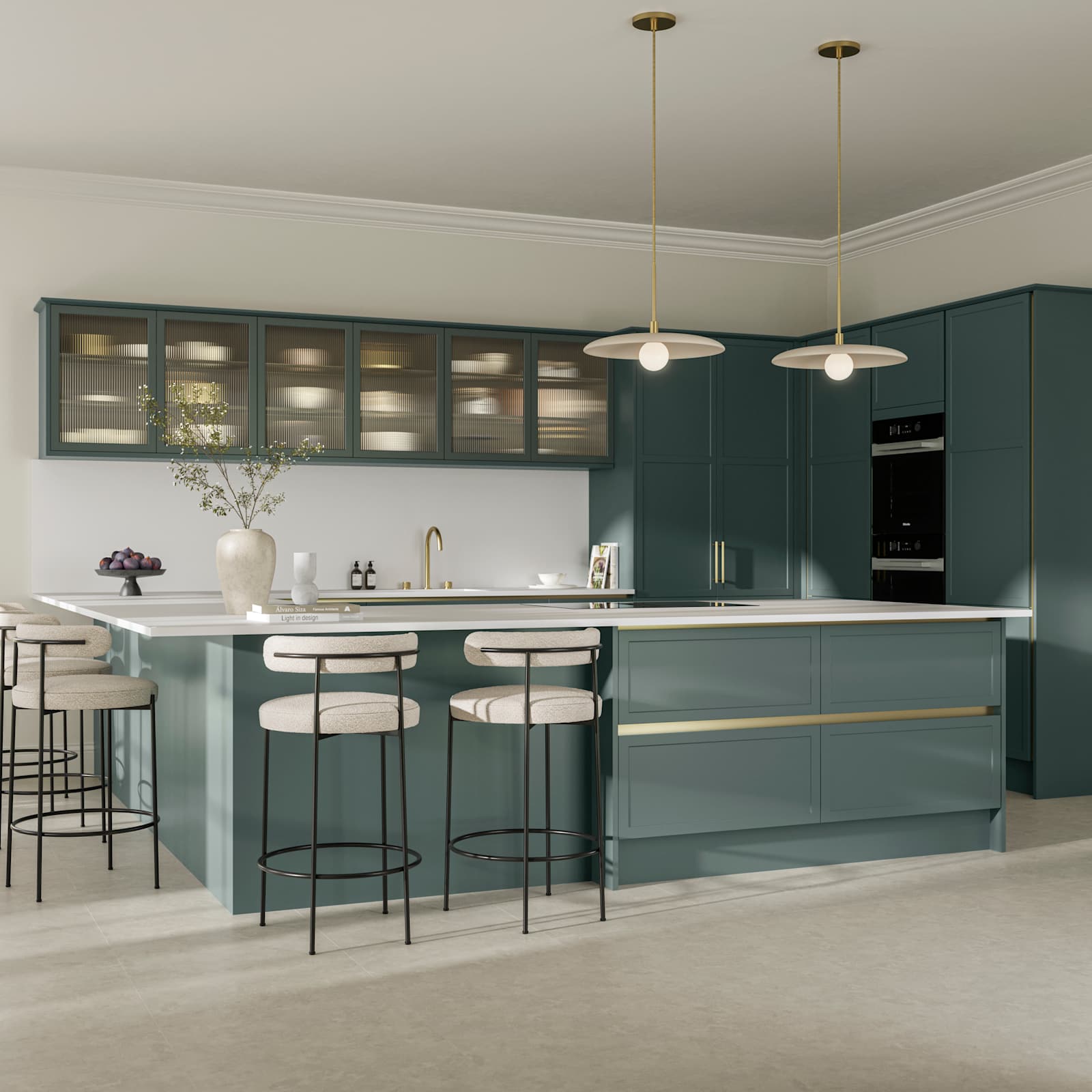 Handleless frame door Integra Brunswick Spruce G-shaped kitchen, Georgian extension with bar stool seating, Minerva white worktop and splashback, wall cabinets with fluted glass vitrine doors.