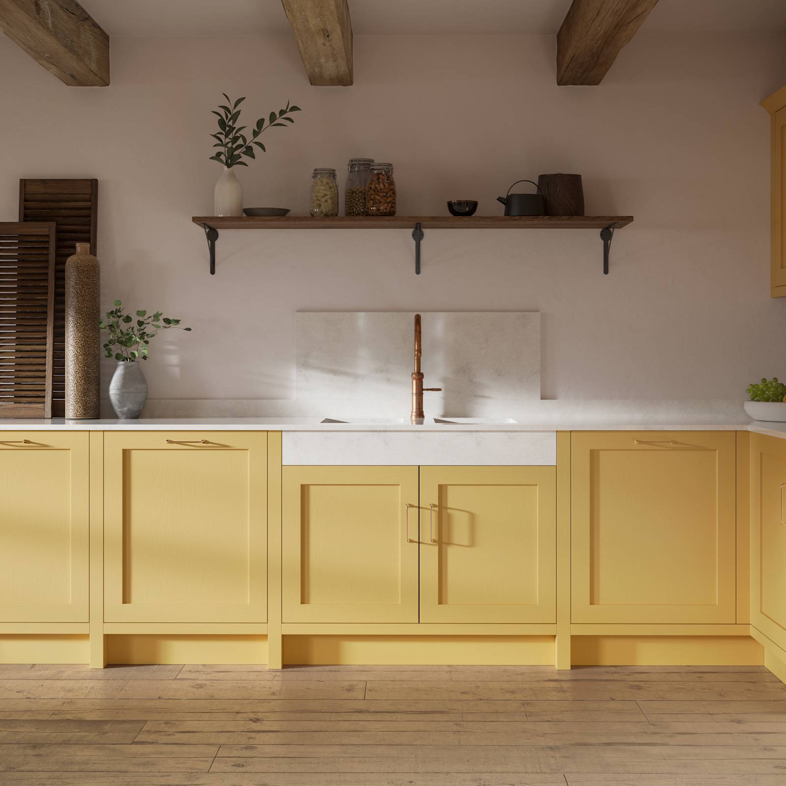 Shaker kitchen in the bright and beautiful yellow shade Harvest, paired with open wooden shelf and a marbled worktop.