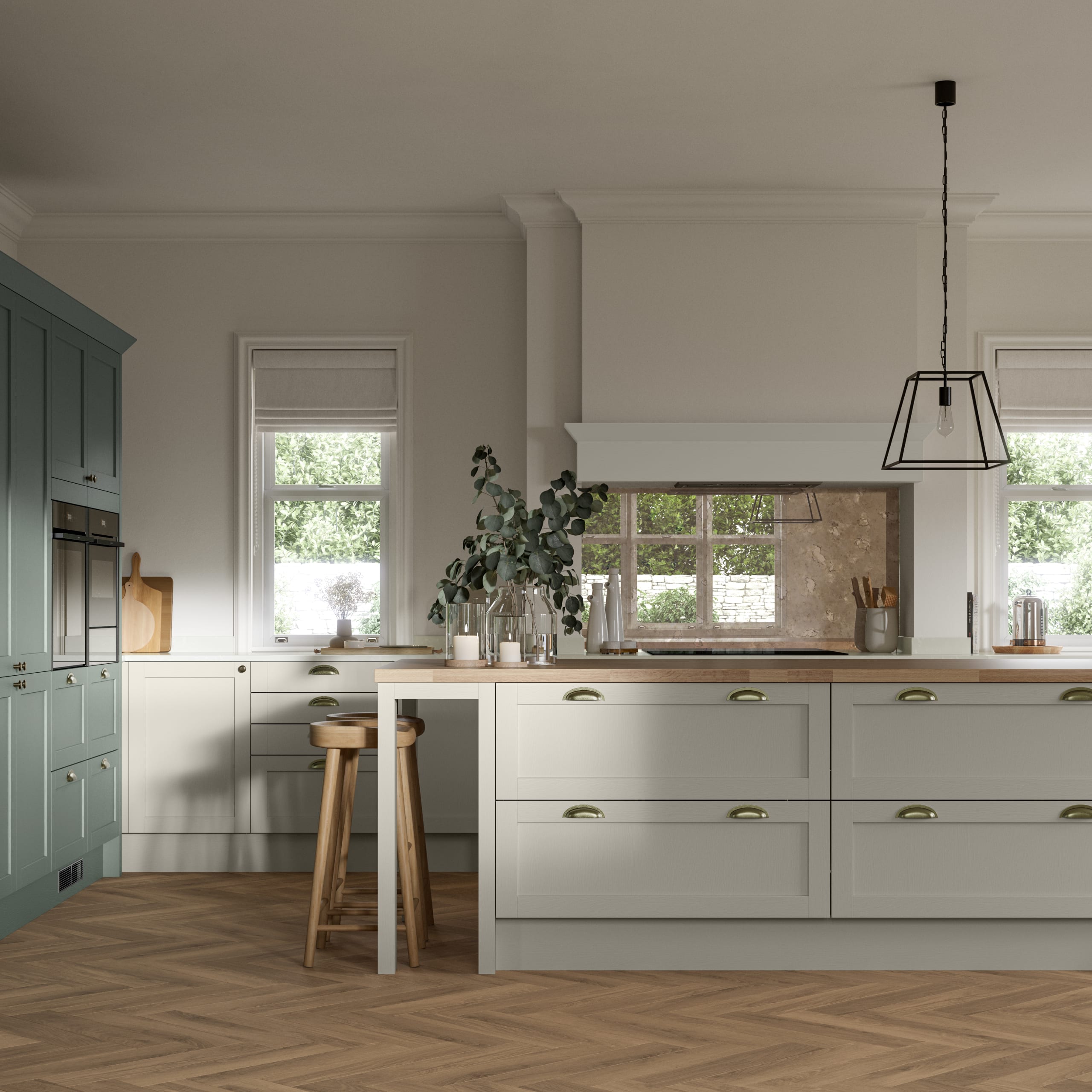 Ambleside kitchen range shown in a home kitchen with blue Shaker cabinets and wood floors.