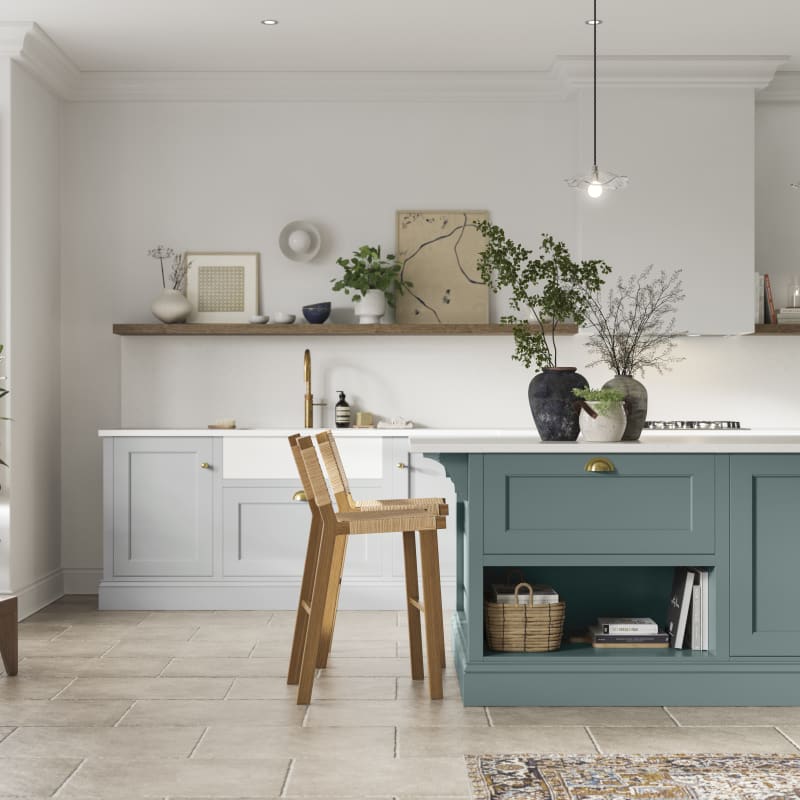 Traditional Shaker-style kitchen range featuring panelled doors with visible woodgrain and beading detail.