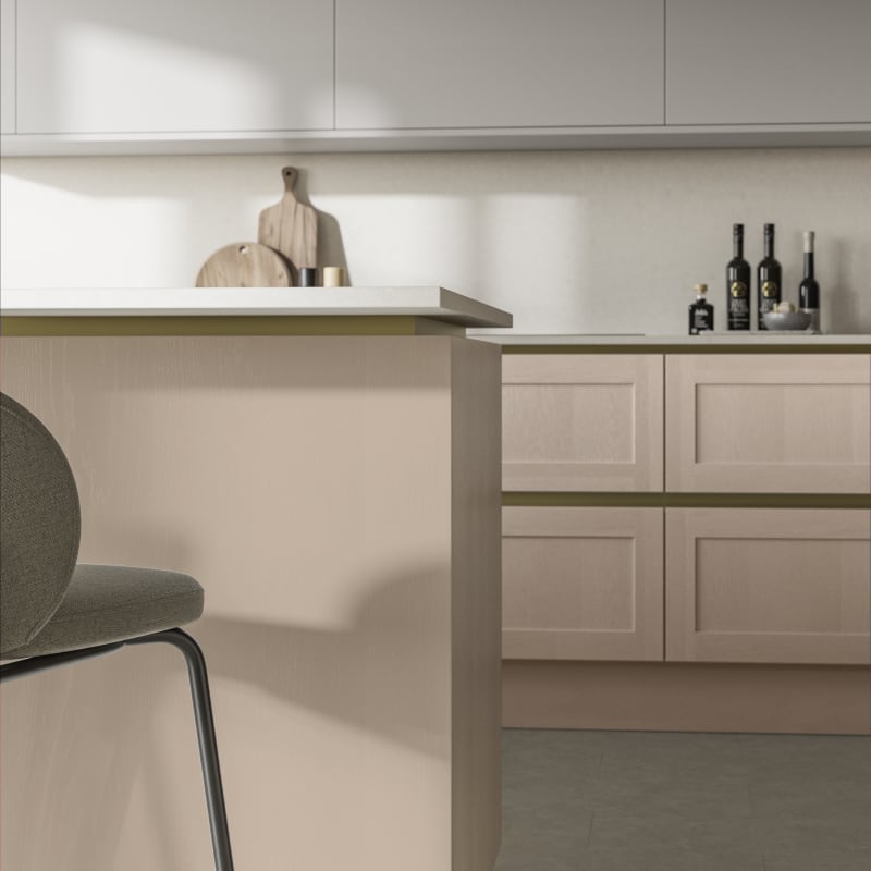 Handleless Shaker kitchen Integra Wardley Chalk Blush is traditional and contemporary with its narrow frame door with integrated handles and a painted timber finish.