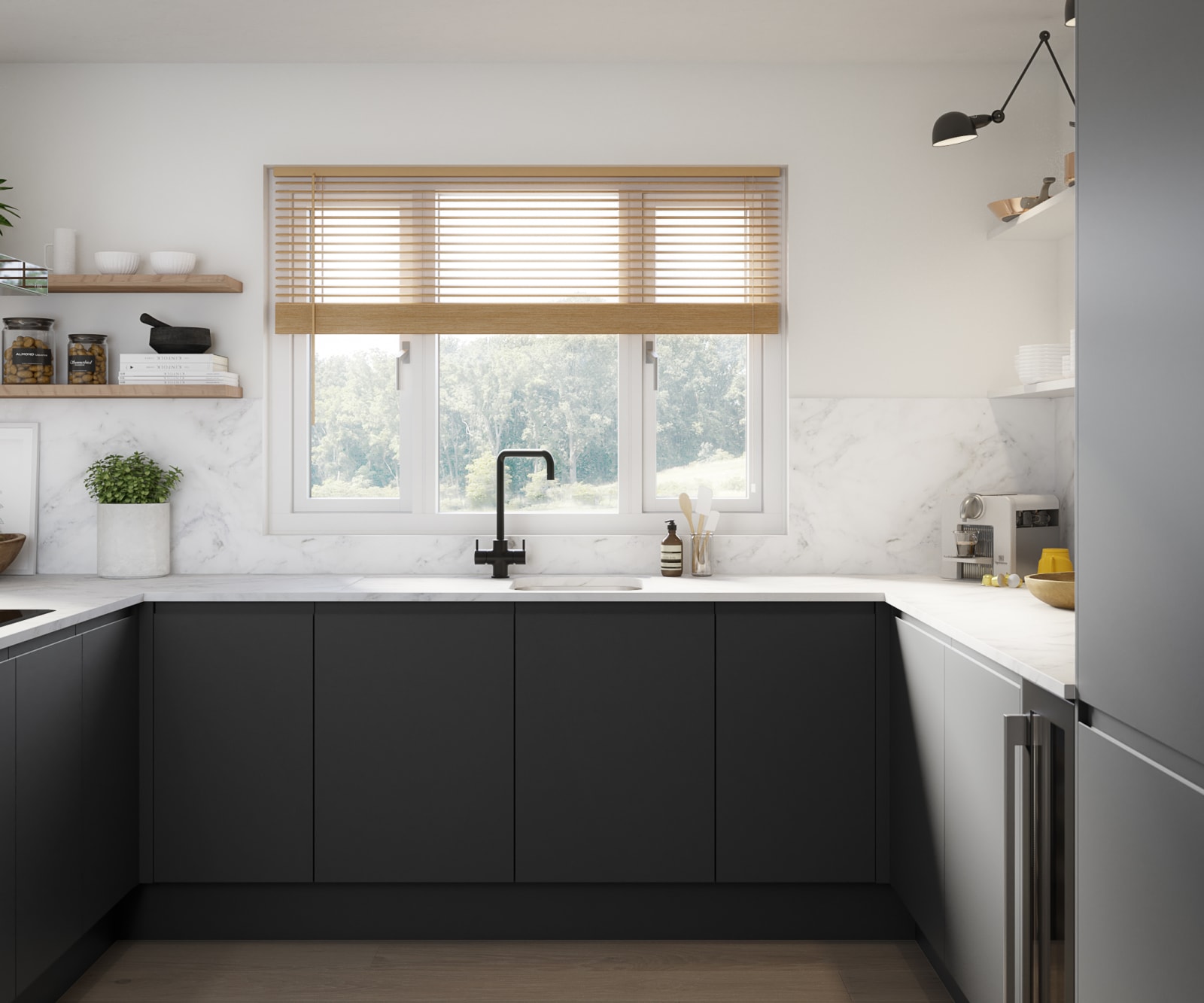 Luna Kitchen from Magnet. An affordable handless look with integrated J Pull doors for a stylish and modern look.